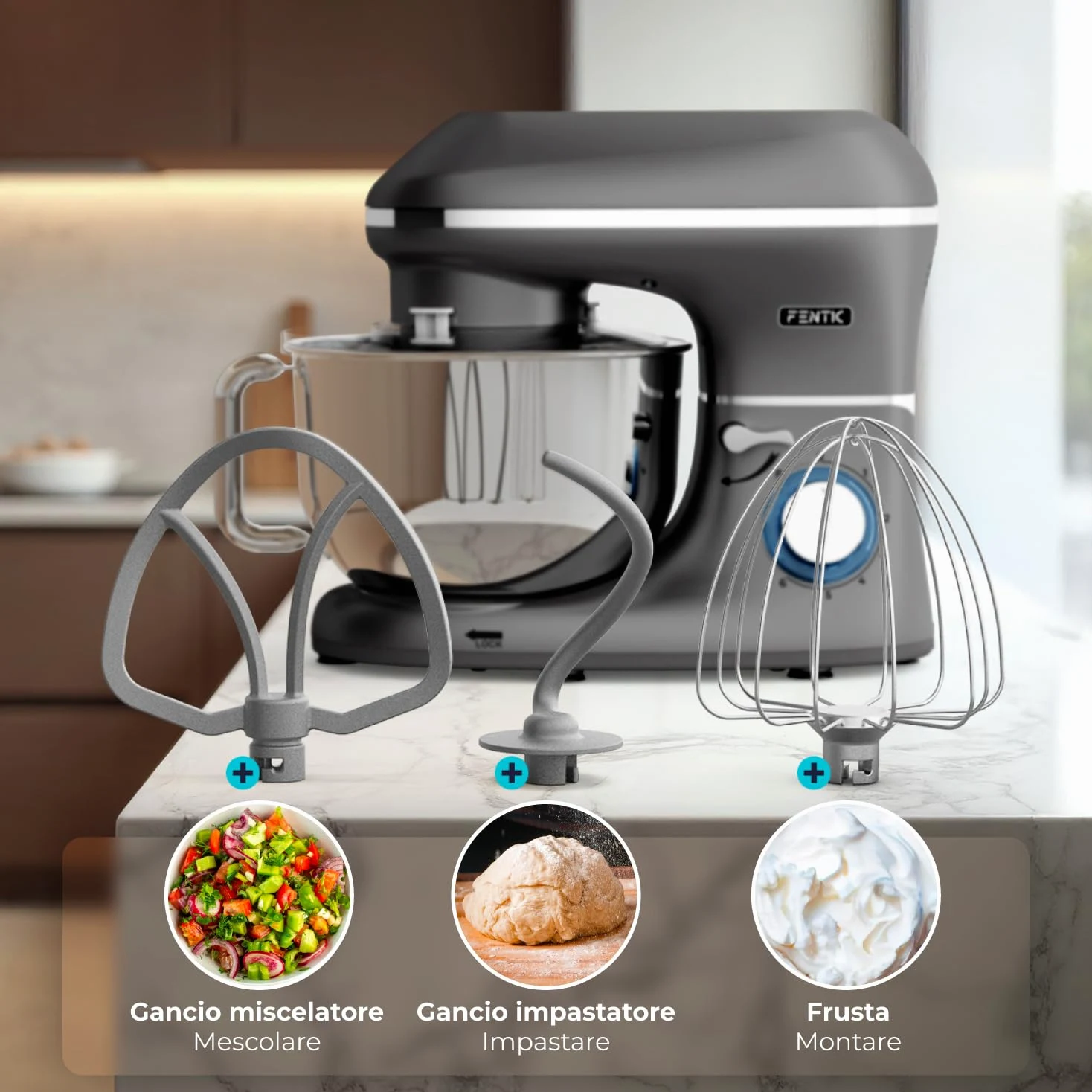 Impastatrice Planetaria - 2000W - Ciotola in Acciaio Inossidabile (6,2 L) - Impastatrice con Frusta, Gancio Impastare e Mescolatore - Inclusa e accessori extra - Antracite