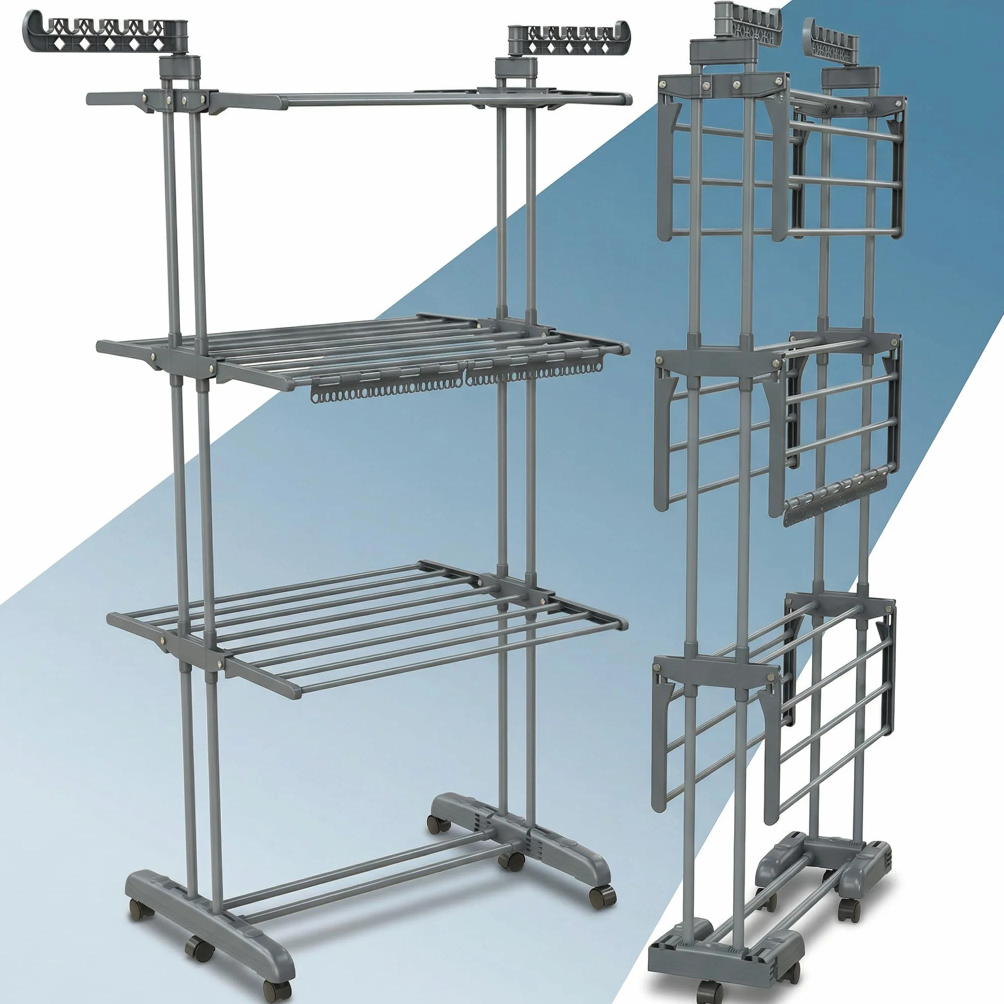 PORTENTUM Stendino verticale salvaspazio pieghevole con 4 livelli e 24 barre di stenditura – Fino a 40 kg – Stendibiancheria con 2 accessori per calzini e 2 ali laterali – Ruote girevoli con freno