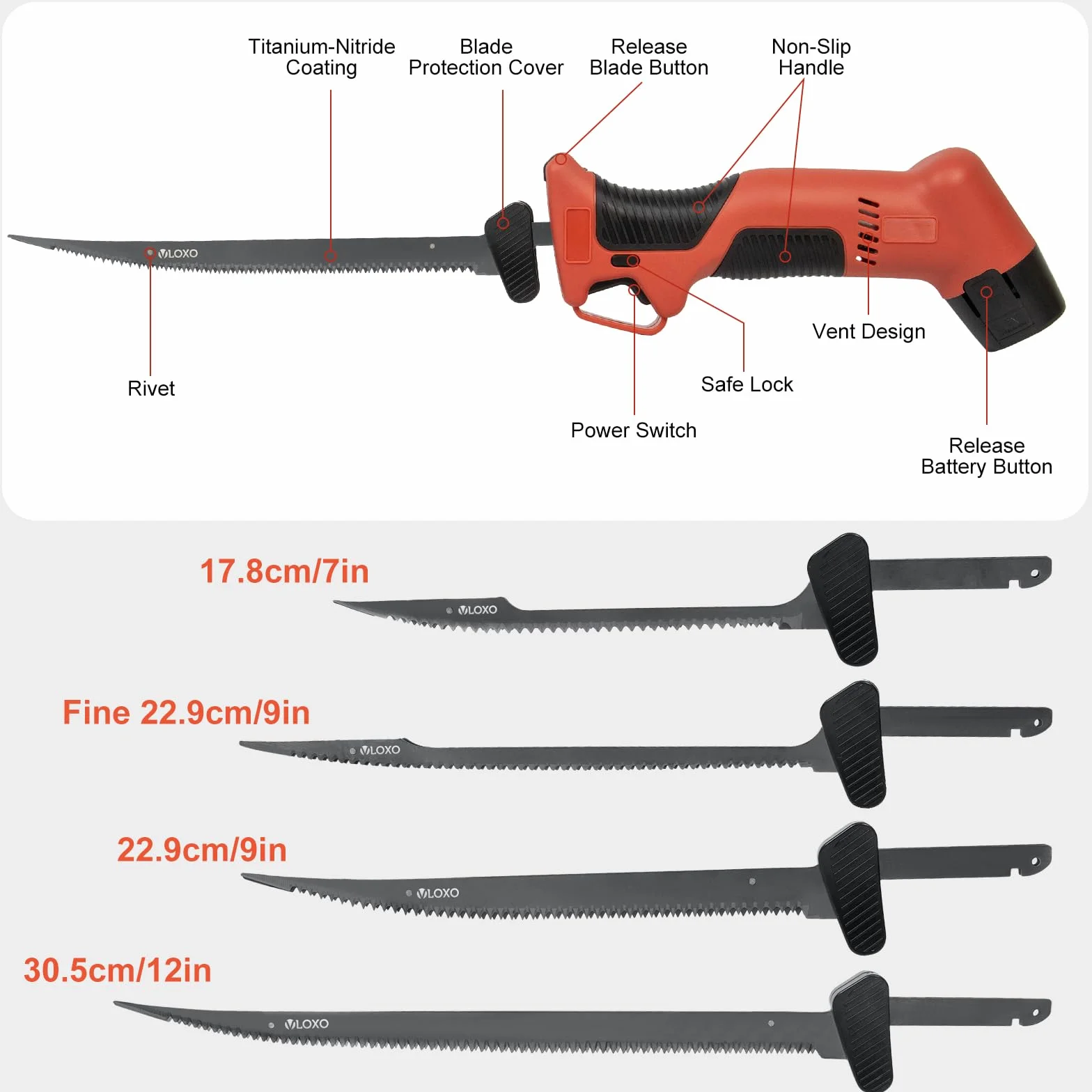VLOXO Coltello elettrico da Cucina, Coltello per Carne ricaricabile con 4 lame doppie in acciaio inox Electric Knife per alimenti surgelati Carne Interruttore di Sicurezza senza fili Lame Estraibili