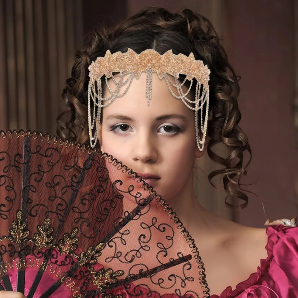 Fascia anni 1920 accessorio capelli donna catena frontale strass retrò nero