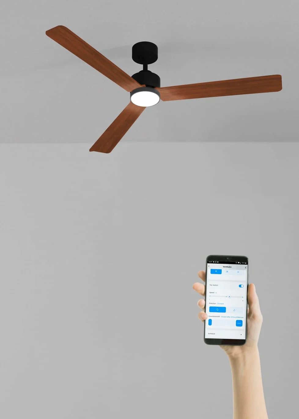 CREATE / WIND MODERN L/Ventilatore da soffitto con luce nero legno scuro con WiFi e telecomando / 40W, Luce LED 3 temperature, Ø152 cm, funzione estate-inverno