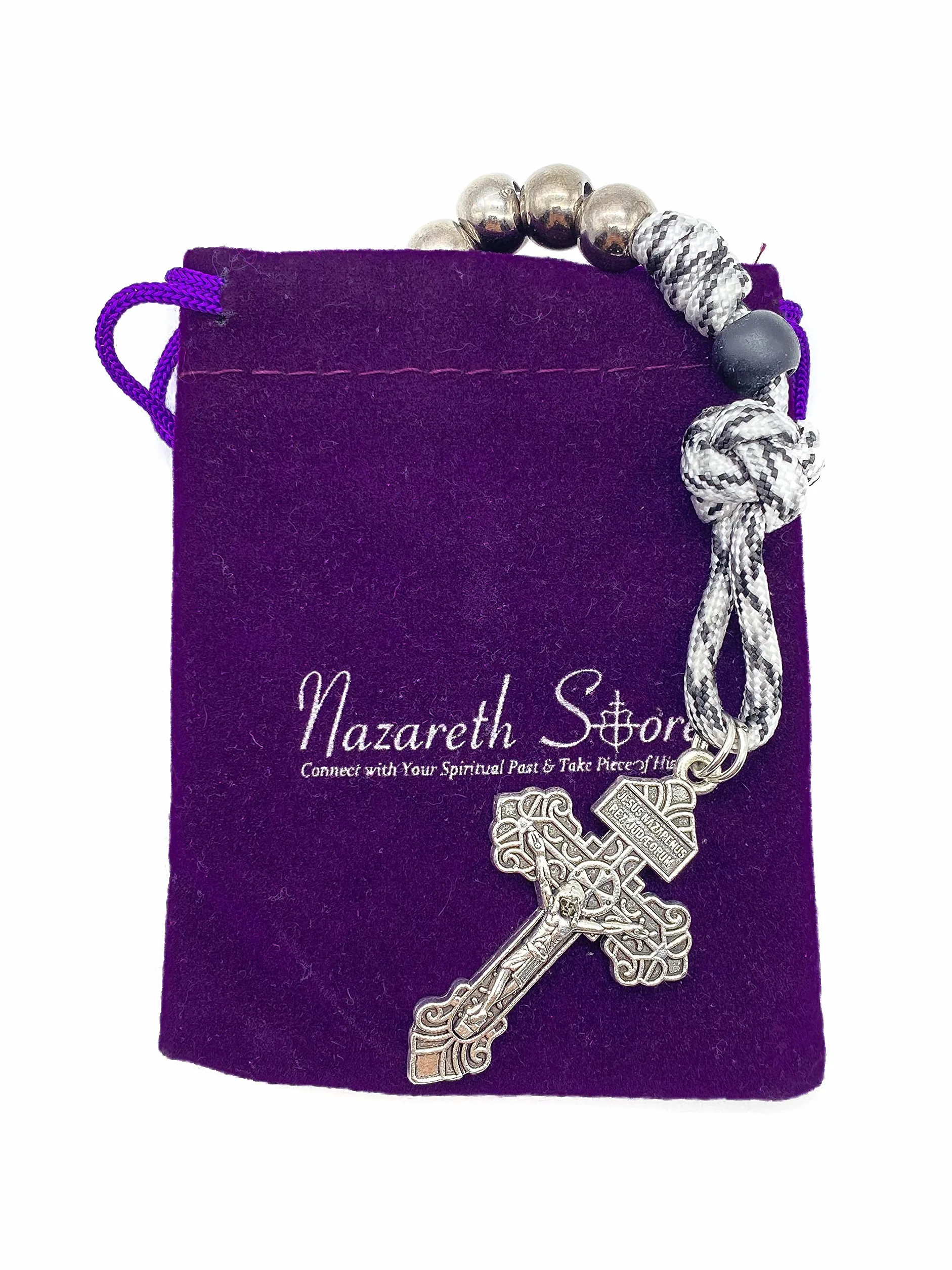 Nazareth Store Rosario di San Benedetto/San Giuseppe con perline in paracord, Rosario da taschino/bracciale a decade miracolosa, con medaglia e croce, 11.22 Inches, Pietra, Vetro
