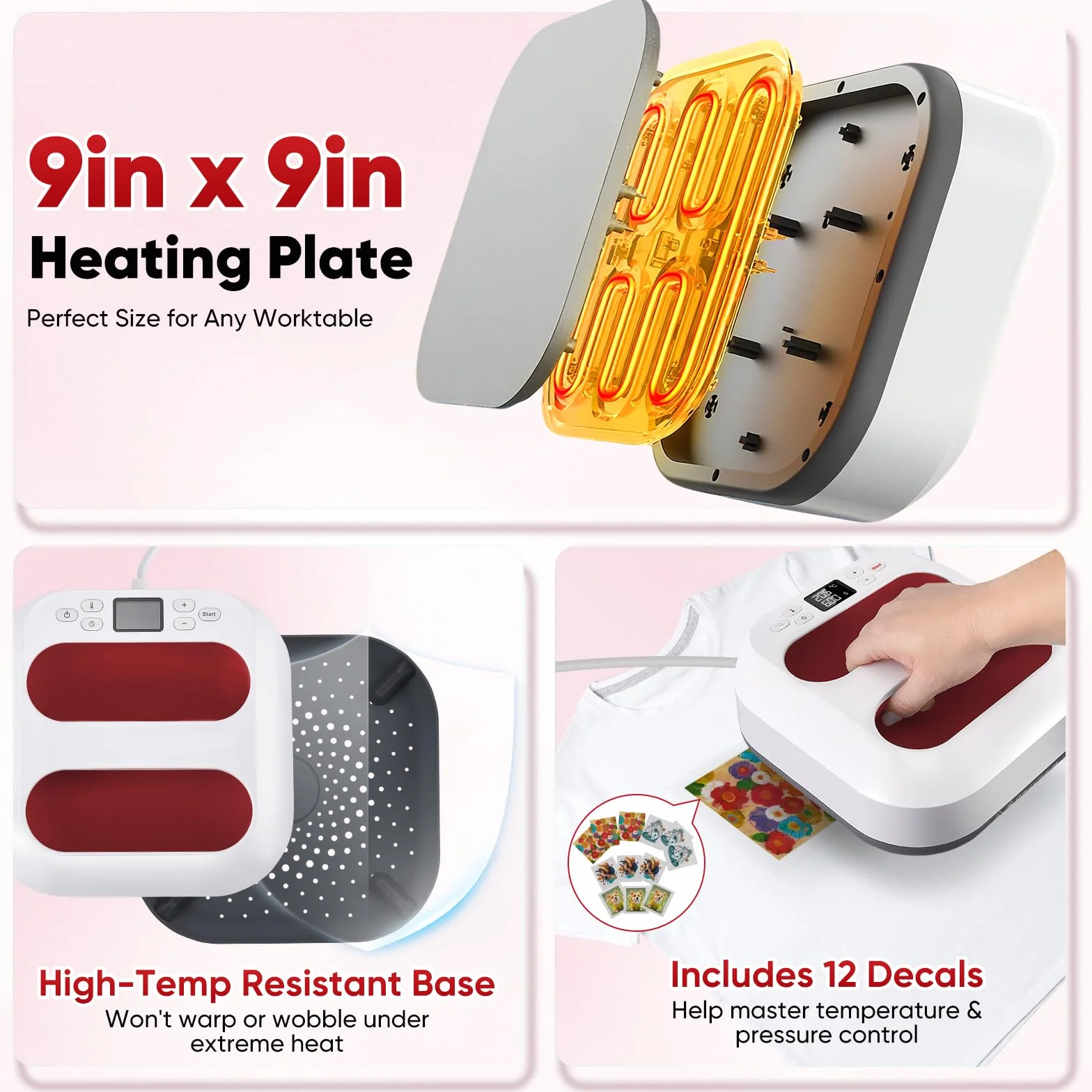 Pressa a Caldo per Tessuti, Pressa a Caldo Portatile con Timer e Controllo Della Temperatura (100-205 °C), Trasferimento Rapido di Tessuti, Include 12 Adesivi, 22,5x22,5CM(9 x 9 pollici)