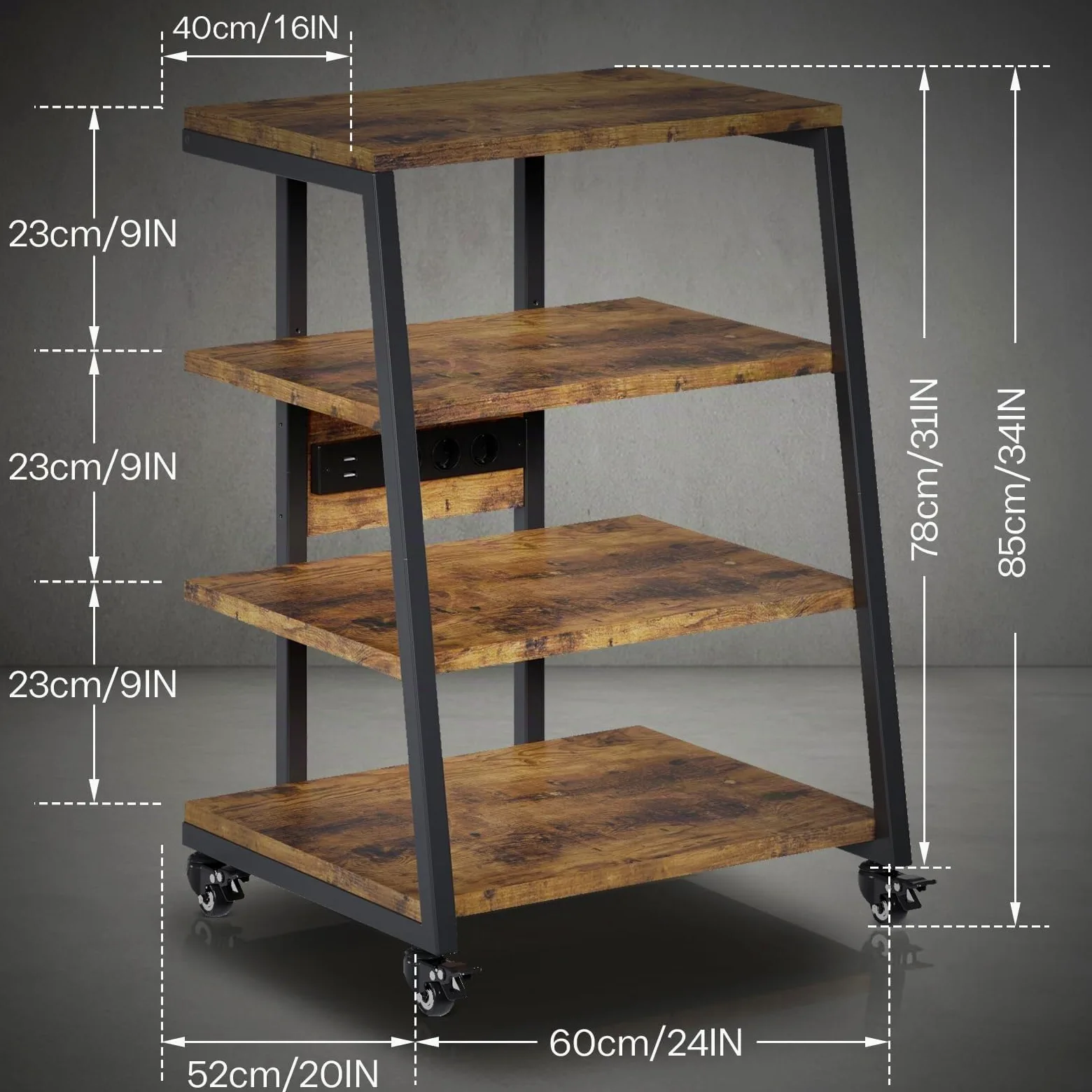 Mobile HiFi 4-level | Con prese multiple e ripiano regolabile | 4 ruote girevoli e 2 luci LED (app controllo) | 60x51x85cm Mobile Giradischi in legno e acciaio per impianto audio, impianto stereo