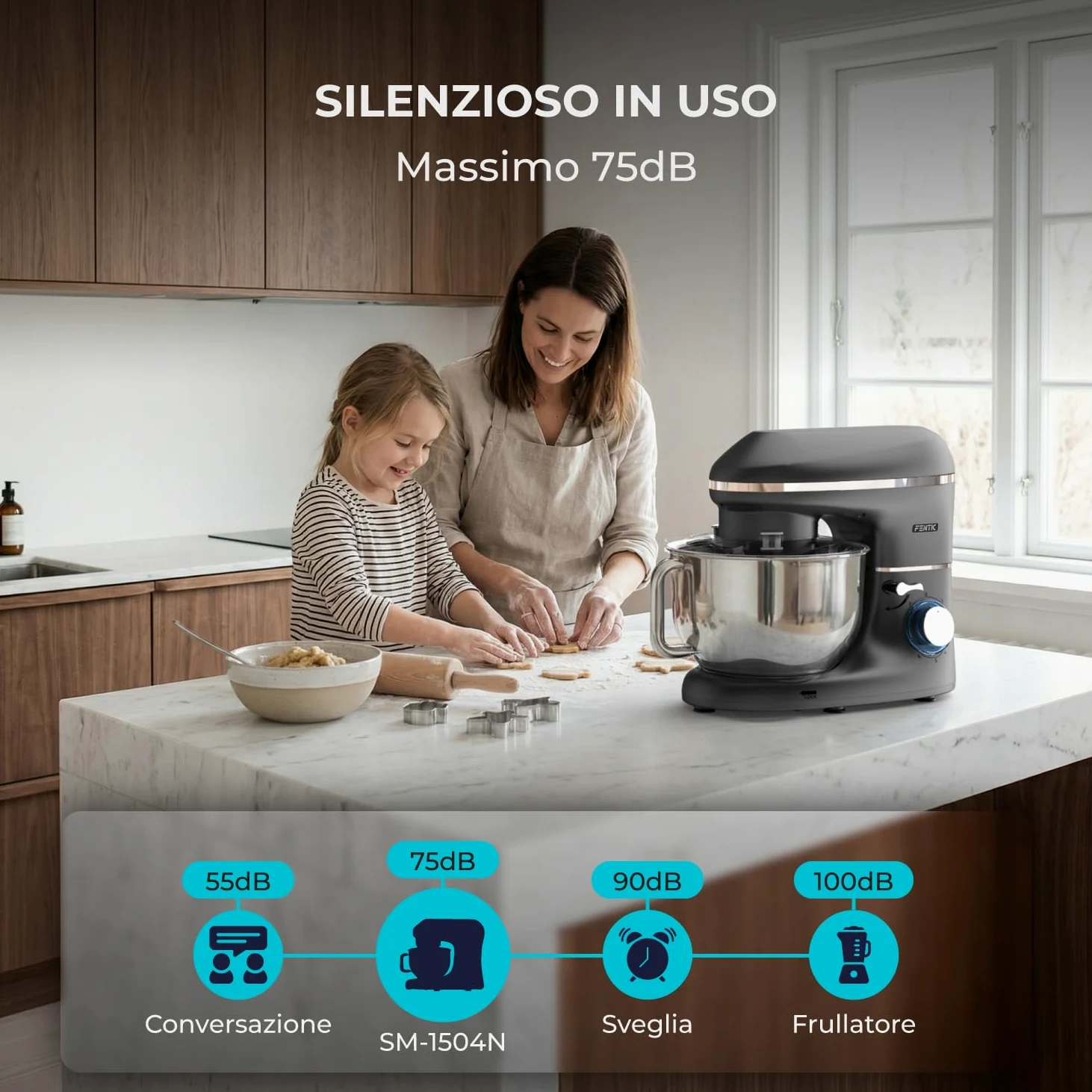 Impastatrice Planetaria - 2000W - Ciotola in Acciaio Inossidabile (6,2 L) - Impastatrice con Frusta, Gancio Impastare e Mescolatore - Inclusa e accessori extra - Antracite