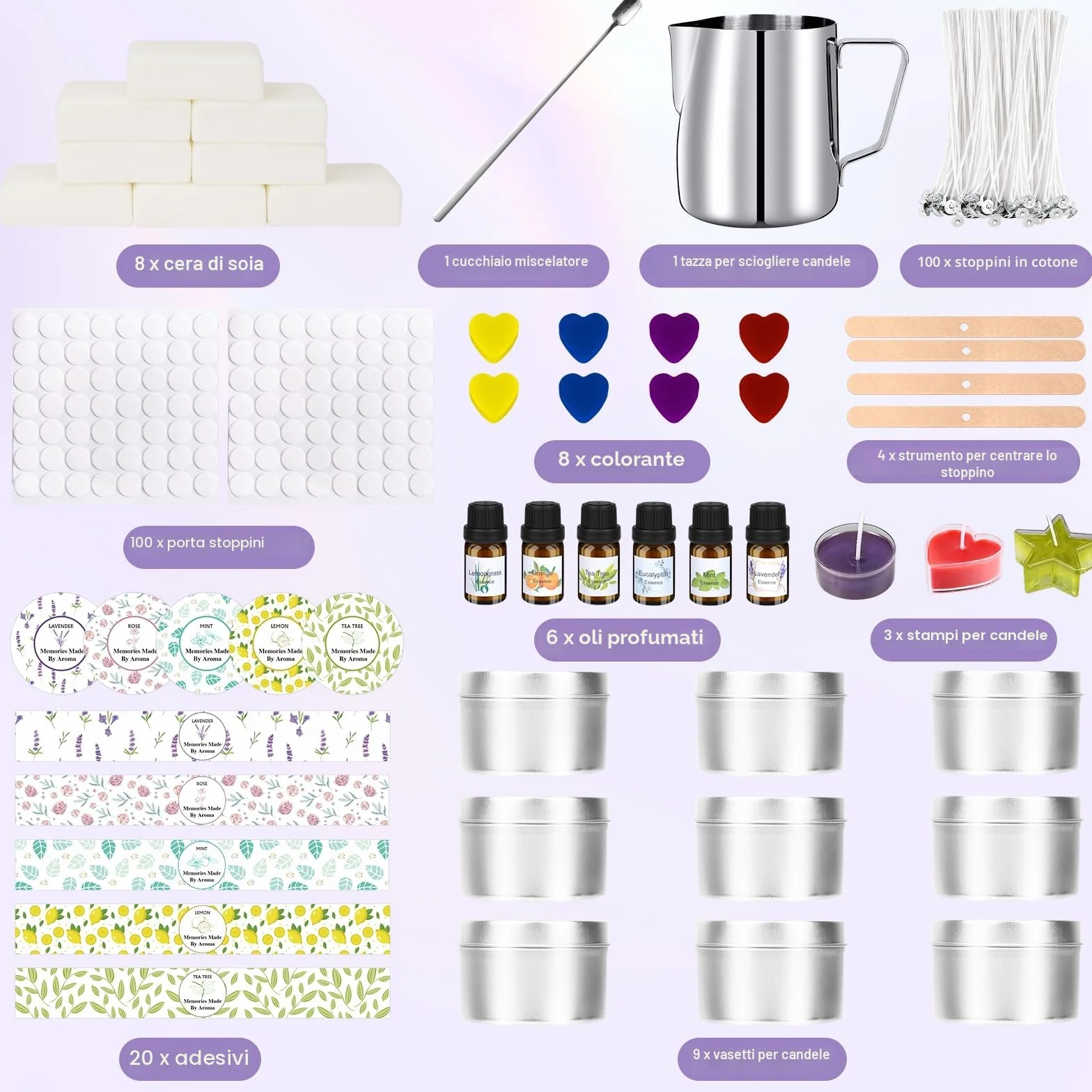Set di candele fai da te con cera di soia 480 g, 9 barattoli, 8 colori, stoppini, kit regalo per adulti e principianti