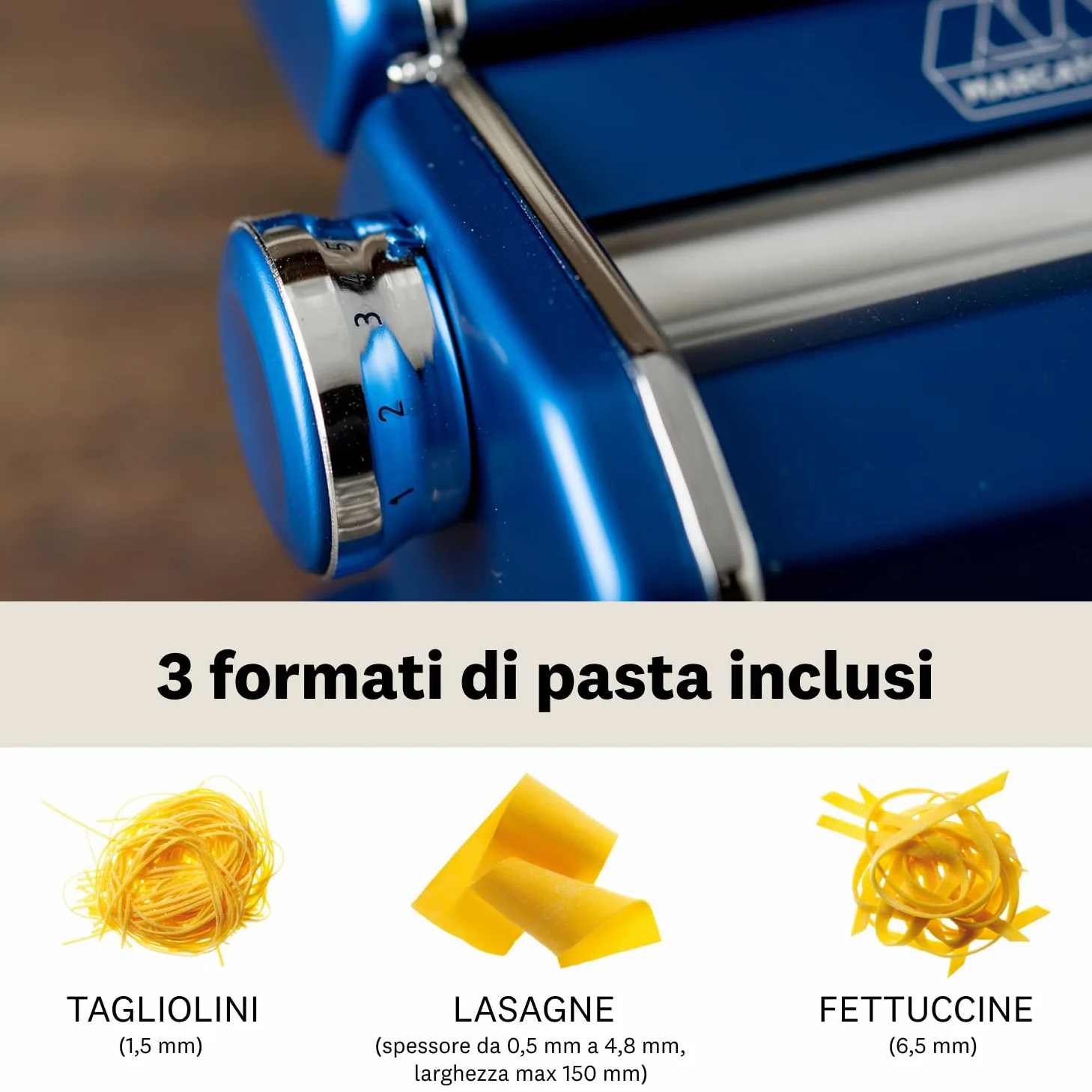Marcato AT-150-BLU, Atlas 150 design, Macchina per pasta, Alluminio, Blu, Linea Premium.
