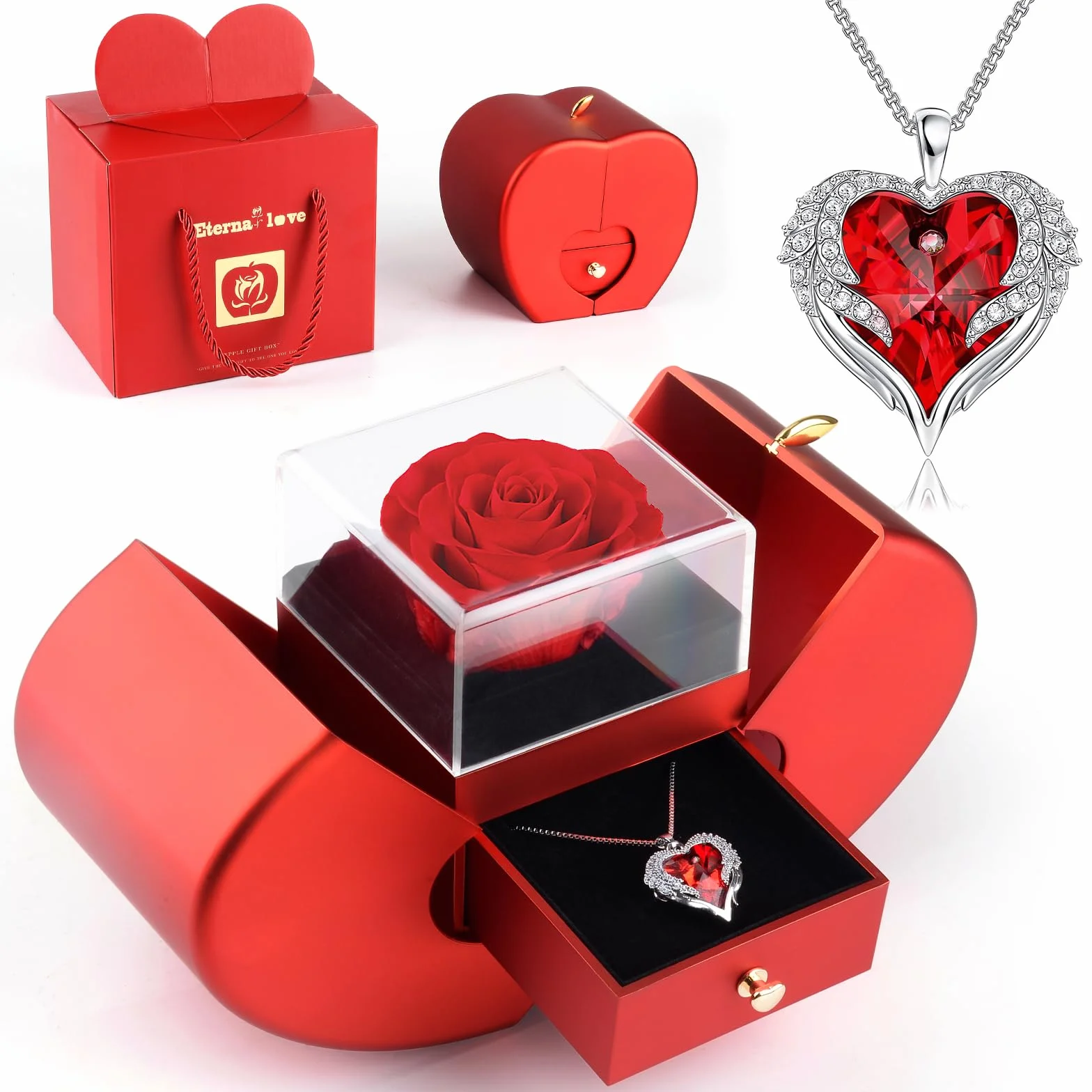Rosa Stabilizzata Vera Collana Cuore Regalo Eterna Donna San Valentino