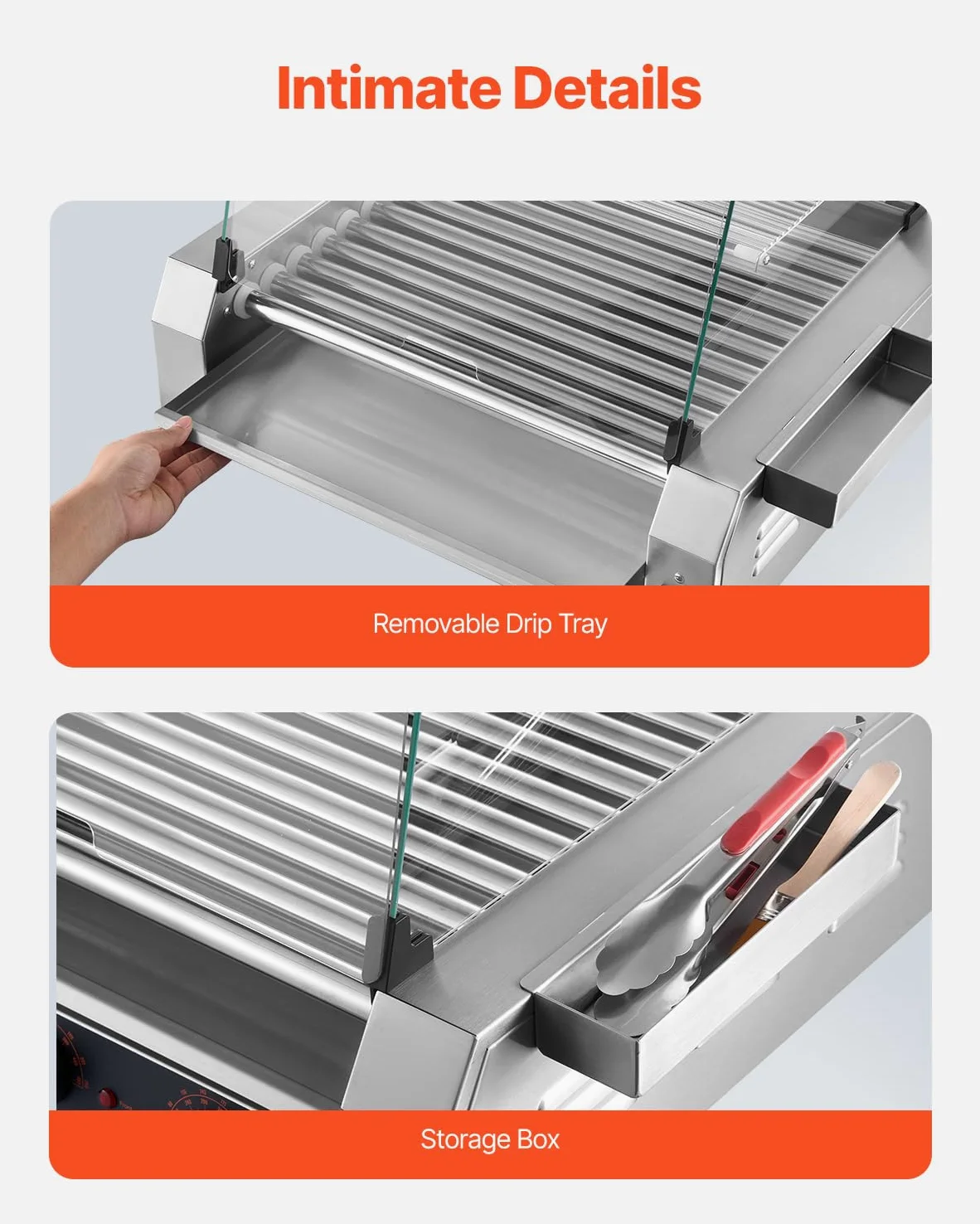 VEVOR Rullo per Hot Dog, 30 Hot Dog 11 Rulli, Cuocitore per Salsicce in Acciaio Inox 2200 W con Doppio Controllo della Temperatura, Contenitore Laterale, Ripiano Rimovibile e Vassoio Raccogli-Olio