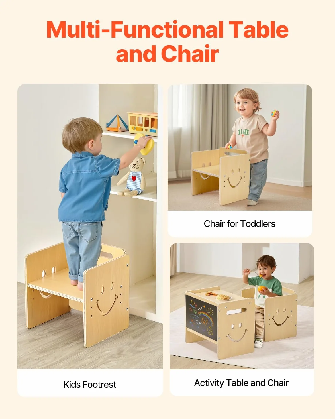 VEVOR Set Tavolo e Sedia per Svezzamento in Legno per Bambini 424 x 300 x 385 mm, Sgabello Regolabile 345 mm