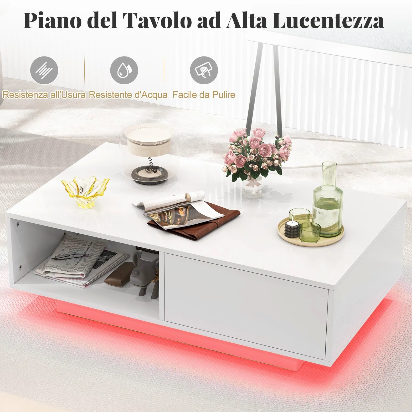 RELAX4LIFE Tavolino da Caffè Moderno 95x55x31cm, con 20 Luci LED Regolabili e Telecomando, in Legno con Finitura Lucida, Cassetto a Pressione e Ripiano Aperto, per Soggiorno, Max 65kg (Bianco)
