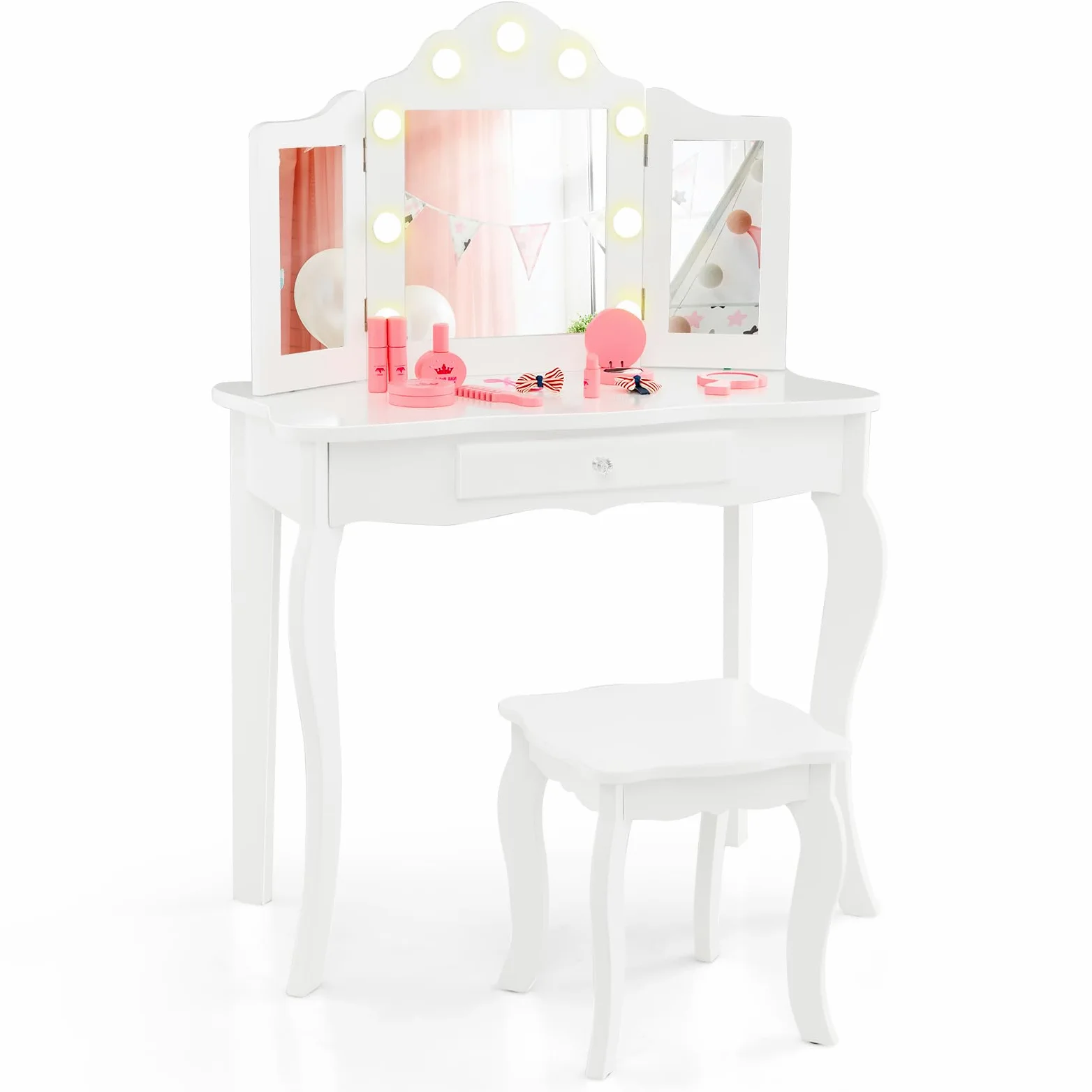 LIFEZEAL toeletta 2 in 1 per bambini con sgabello e cassetto, tavolo da trucco BIMBI con triplo specchio e 9 luci a LED in 3 modalità, antiribaltamento per Ragazzi dai 3 anni in su (Bianco)
