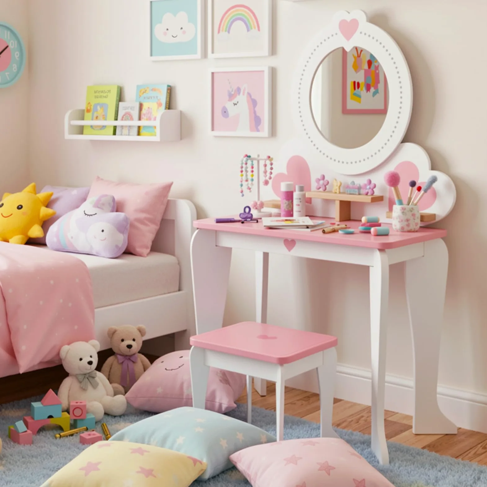 Clevich 2 in 1 Toeletta per Bambini, Toeletta da Trucco con Specchio Bambini, Scrivania in Legno con Sgabello, Robusto e Durevole, per Bambini dai 3-8 Anni (Bianco)