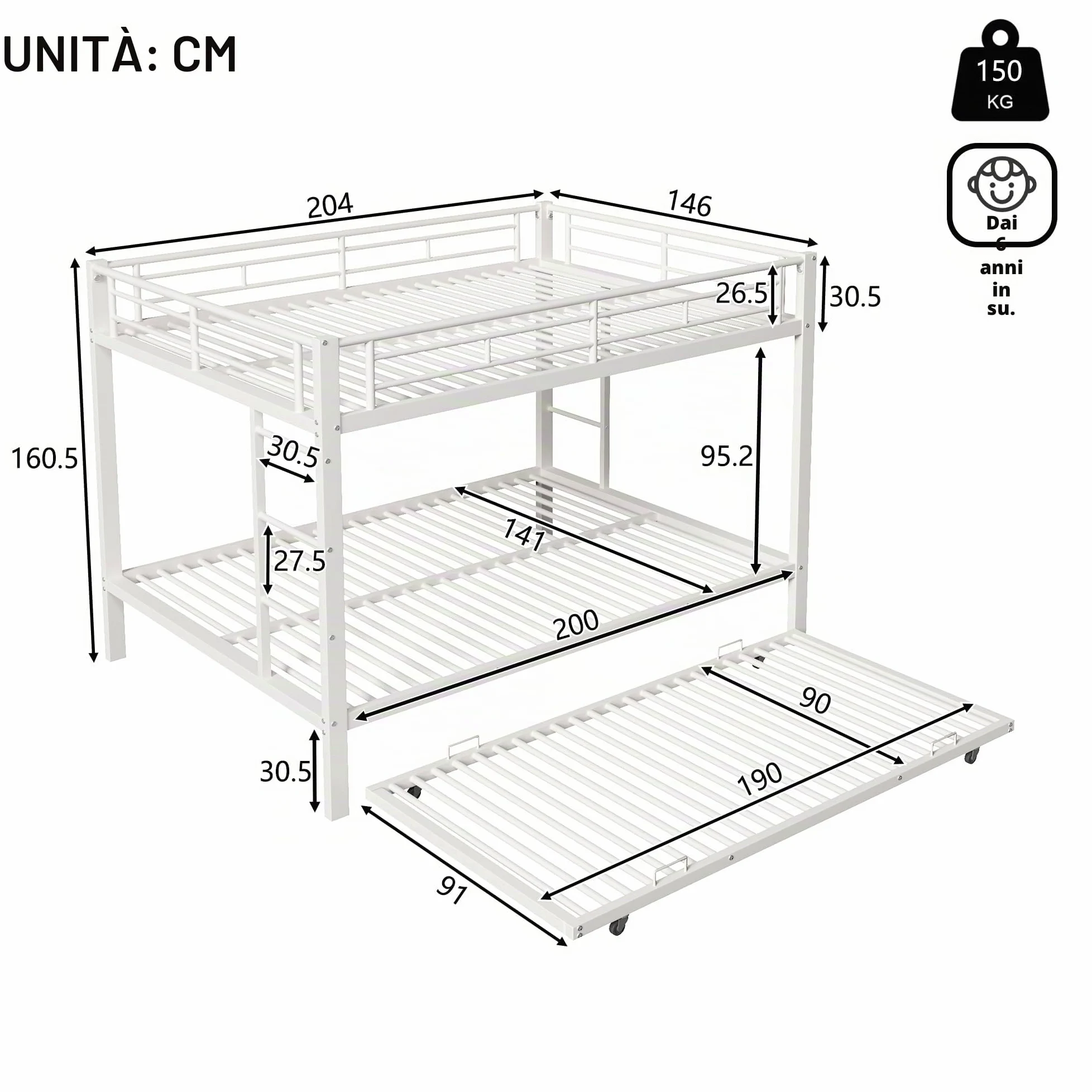Moimhear 140 x 200 cm, letto a castello, letto con telaio in ferro, letto per bambini, dotato di letto estraibile (90 x 190 cm), ringhiera alta, senza materasso (bianco)
