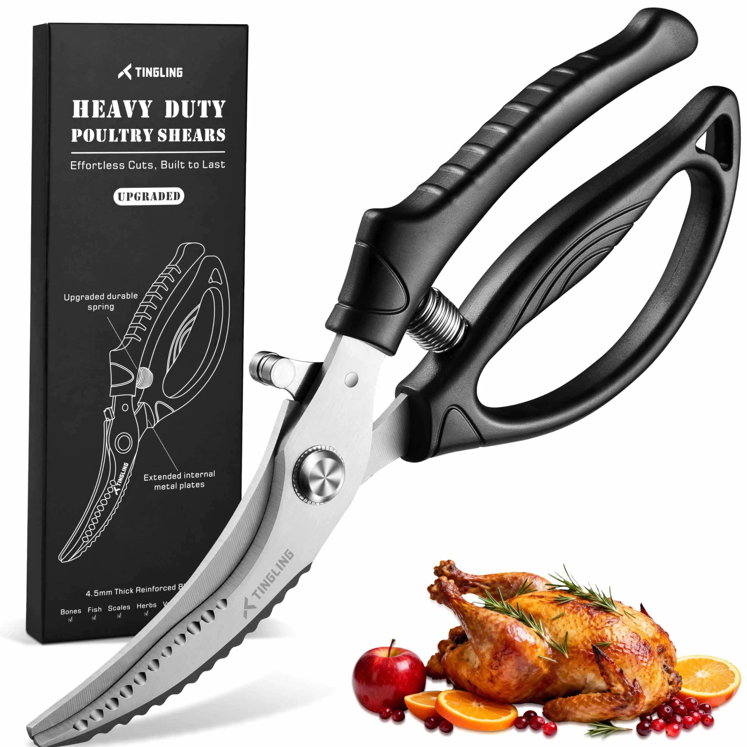 Forbici da Cucina Professionali: Trinciapollo Affilate Con Blocco di Sicurezza e Molla, Adatte per Pollo, Pesce, Carne, Ossa e Verdure
