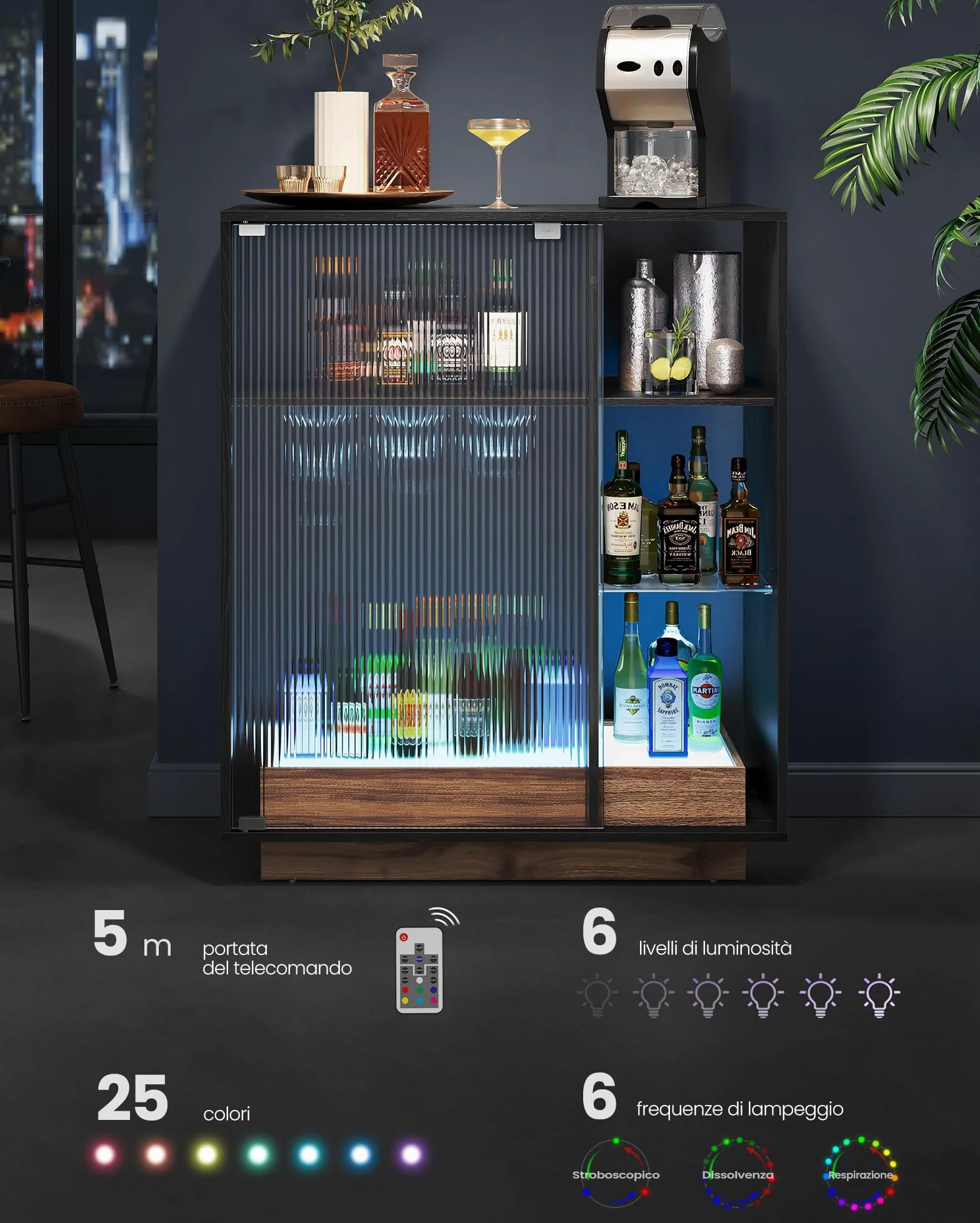 VASAGLE Mobiletto Bar con Illuminazione, Credenza con Luce LED e Spazio per Vino, Angolo Bar per Liquore, con Porta Calici, Anta in Vetro Scanalato, per Salotto, Nero Ebano BBK361B21