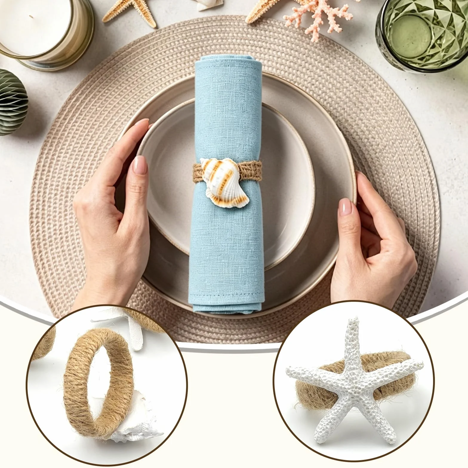 Set di 4 Portatovaglioli A Tema Oceano, Rustico In Stile Costiero Anelli Portatovaglioli In Juta, Stella Marina, Cavalluccio Marino, Conchiglia, Buccino per Cene, Feste, Decorazione Da Tavolo