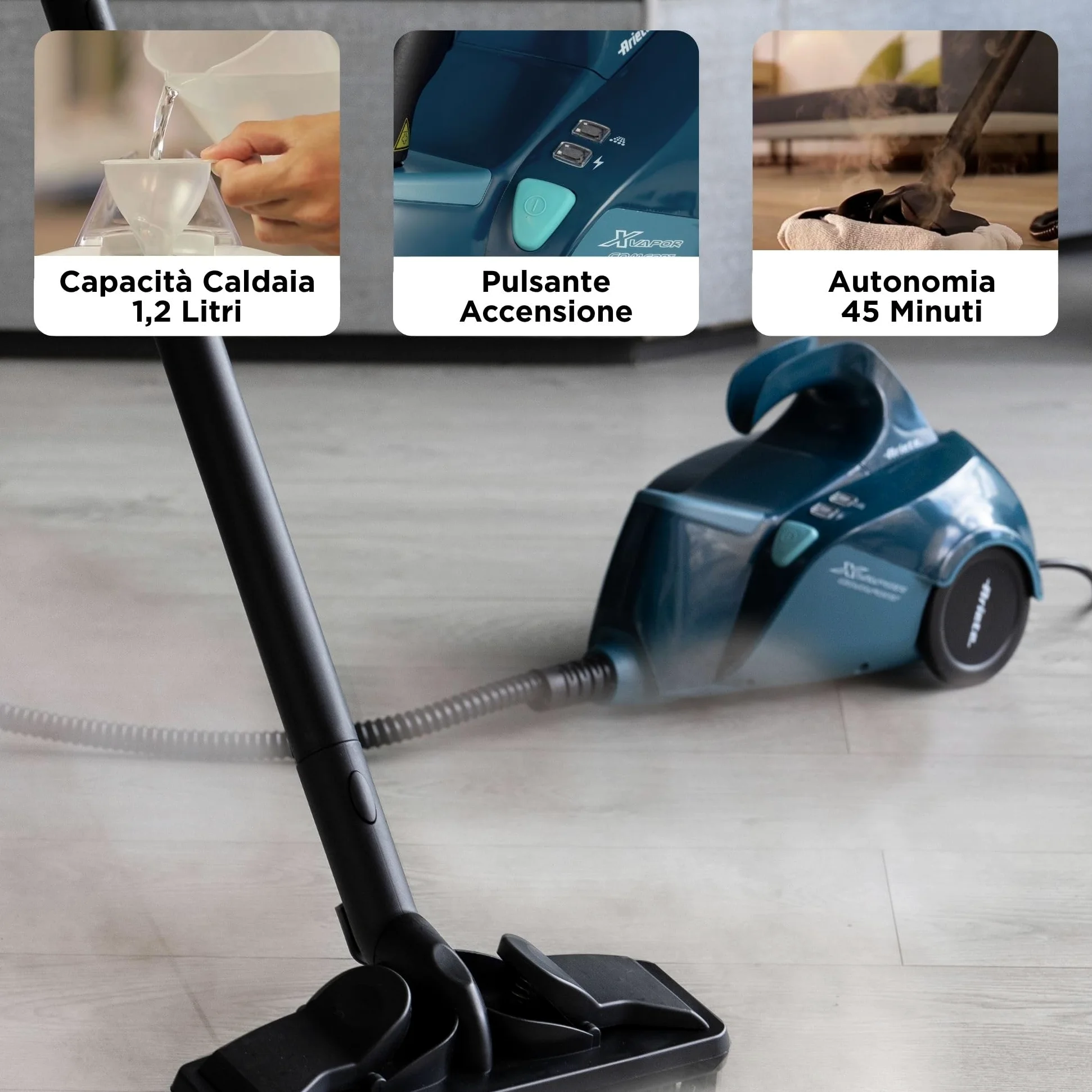 Ariete 4145 XVapor Comfort, Pulitore a vapore, Uccide 99,9% germi e batteri, Kit accessori, Vapore continuo 45', 1500W, 5 bar, Blu