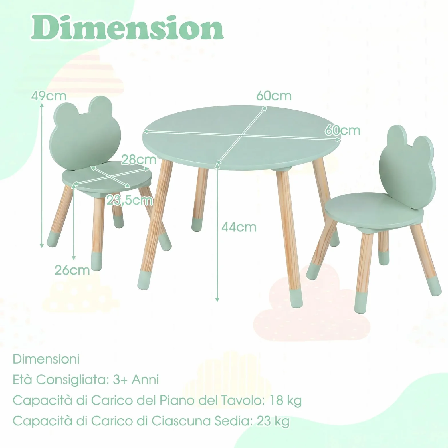 COSTWAY Set Tavolo e Sedie per Bambini, Tavolino e 2 Sedie a Forma di Rana con Gambe in Legno e Angoli Arrotondati, Set Mobili Salvaspazio per Bambini 3+ Anni per Cameretta Ragazzi (Verde)