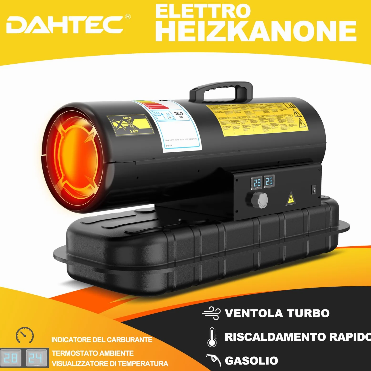 Riscaldatore Diesel 20 kW - Termoventilatore Industriale | Portata 550 m³/h - Termostato Regolabile & Indicatore Livello Gasolio - Per Officine, Cantieri, Uso Agricolo