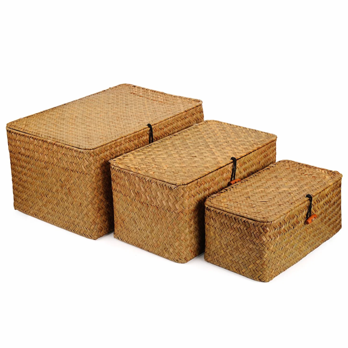 Seagrass Cesta Vimini con Coperchio Cestini Portaoggetti Naturale 3 Pezzi