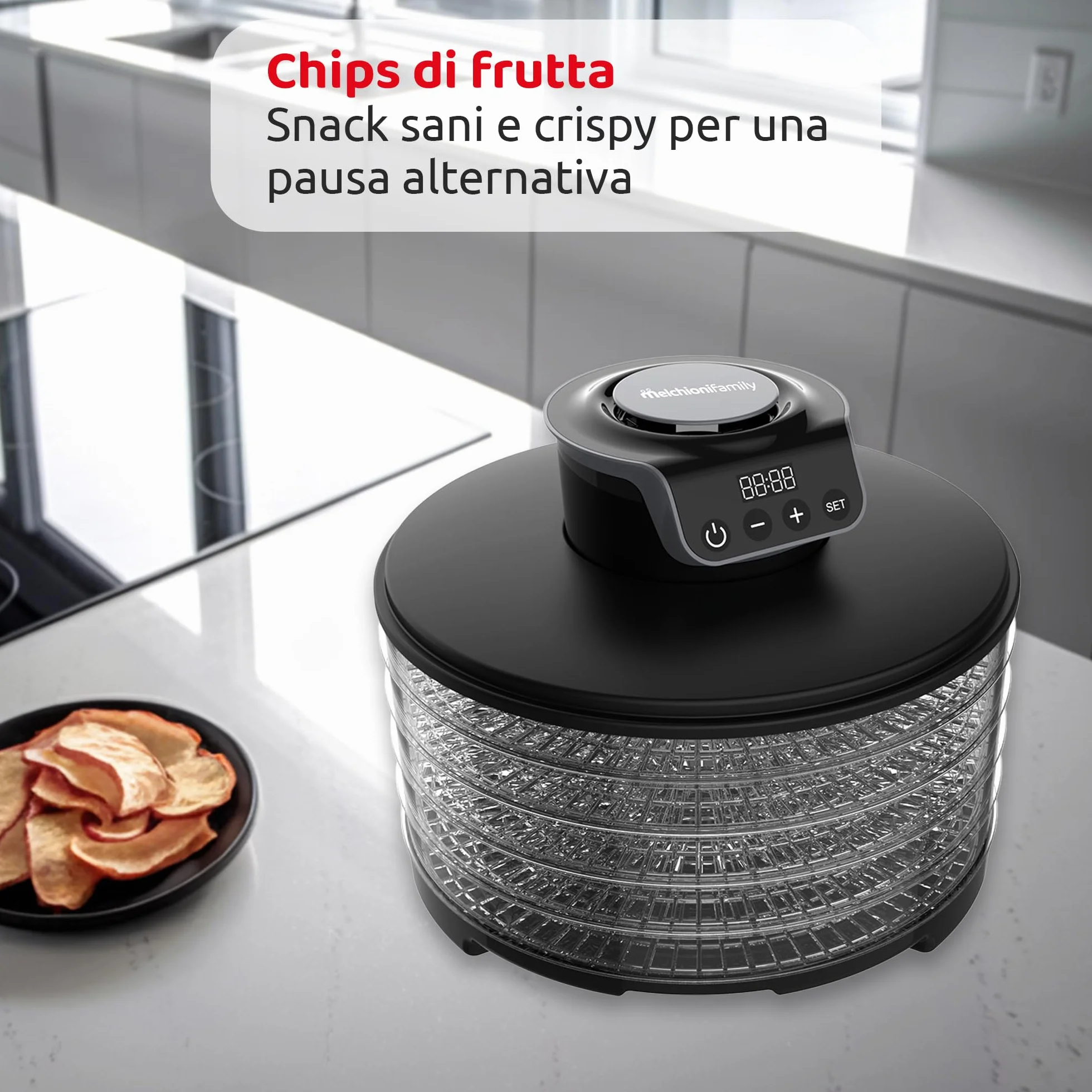 Melchioni Family | Essiccatore digitale TOWER, 5 ripiani regolabili, essiccazione di frutta, verdura, funghi 250W Alimentazione: 220-240V ~ 50/60Hz