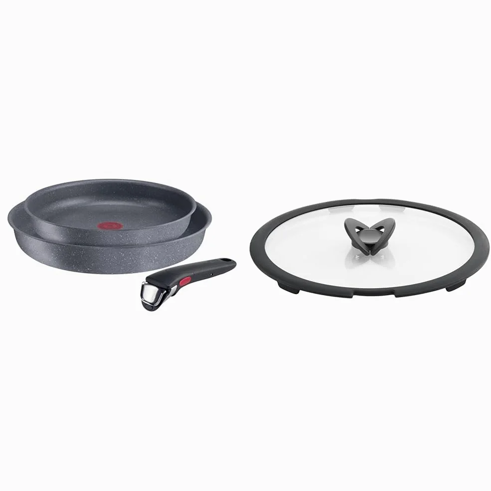 Lagostina Ingenio Mineralis Eco Set Padelle Antiaderenti in Alluminio 100% Riciclato & Ingenio Induction Coperchio in Vetro e Silicone, Nero e Trasparente, 28 cm