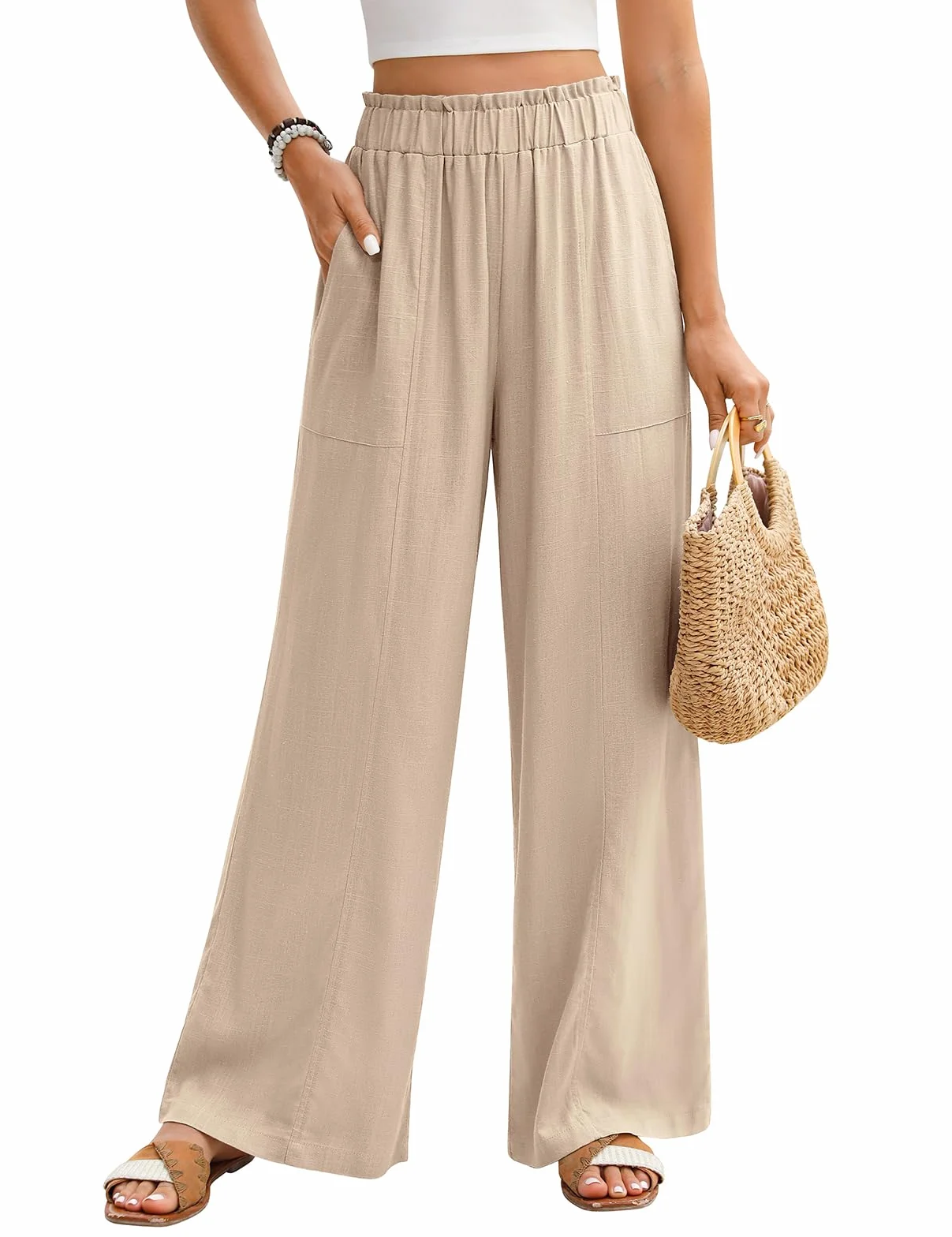 Pantaloni Lino Donna Estivi Pantaloni Larghi Leggeri Elastico Vita Alta Pantaloni di Lino Eleganti Casual da Spiaggia Comodi Pantaloni Tinta Unita con Tasche