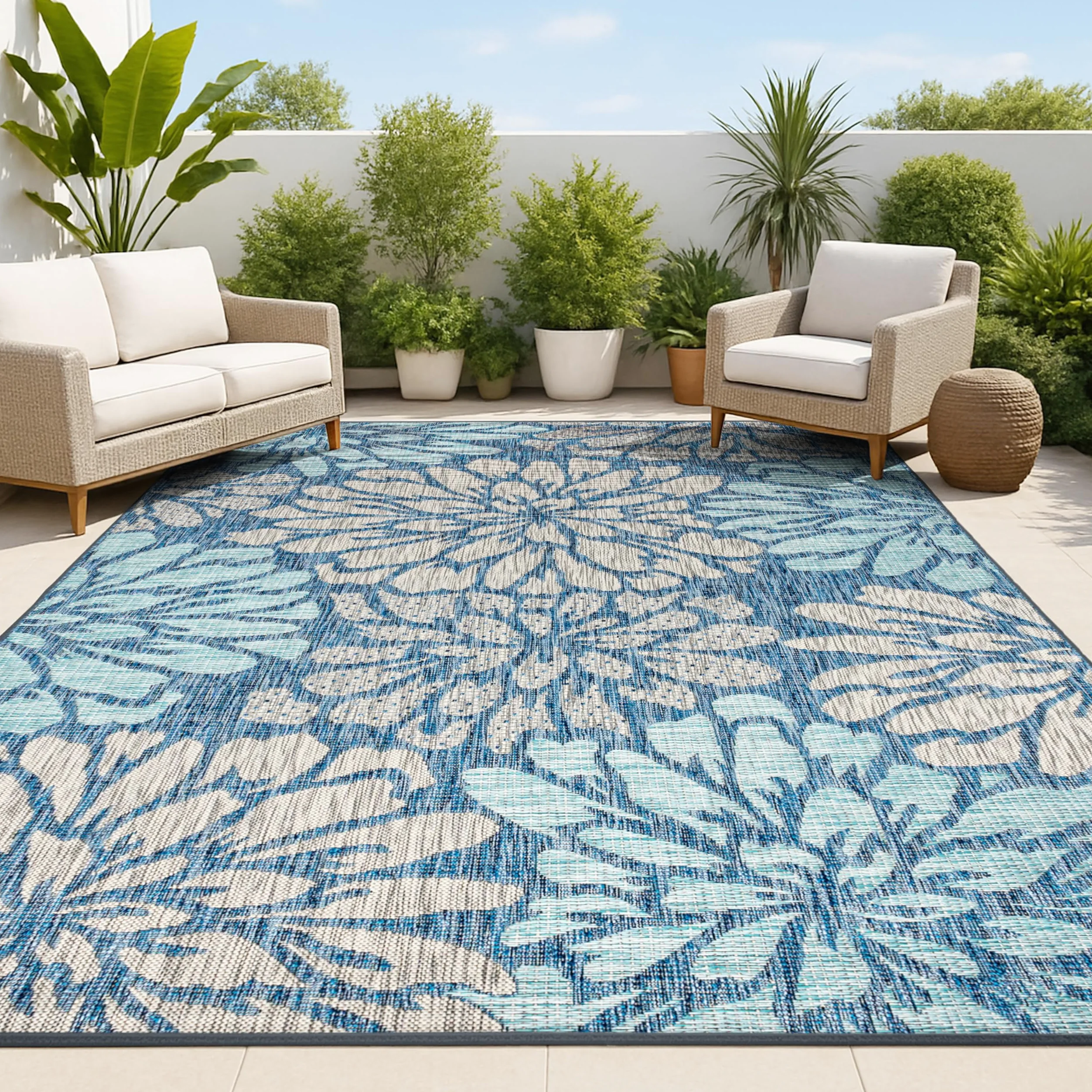 JONATHAN Y SMB110C-8 Zinnia moderno moderno tessitura floreale tessitura di area esterna interna, bohémien, costiero, mediterraneo, cortile, patio, non spargimento, blu navy/aqua, 240 cm X 300 cm