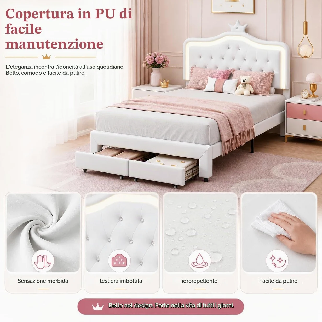 Letto imbottito 140 x 200 cm, letto principesse con illuminazione a LED, Letto matrimoniale con Testiera regolabile a forma di corona, Letto per bambini con rete a doghe e cassetto, senza materasso