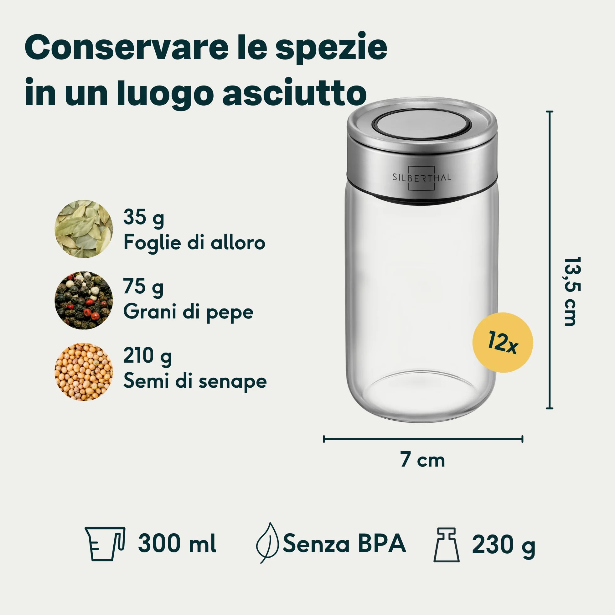 SILBERTHAL Set 12 barattoli porta spezie in vetro 300 ml – Coperchio inox