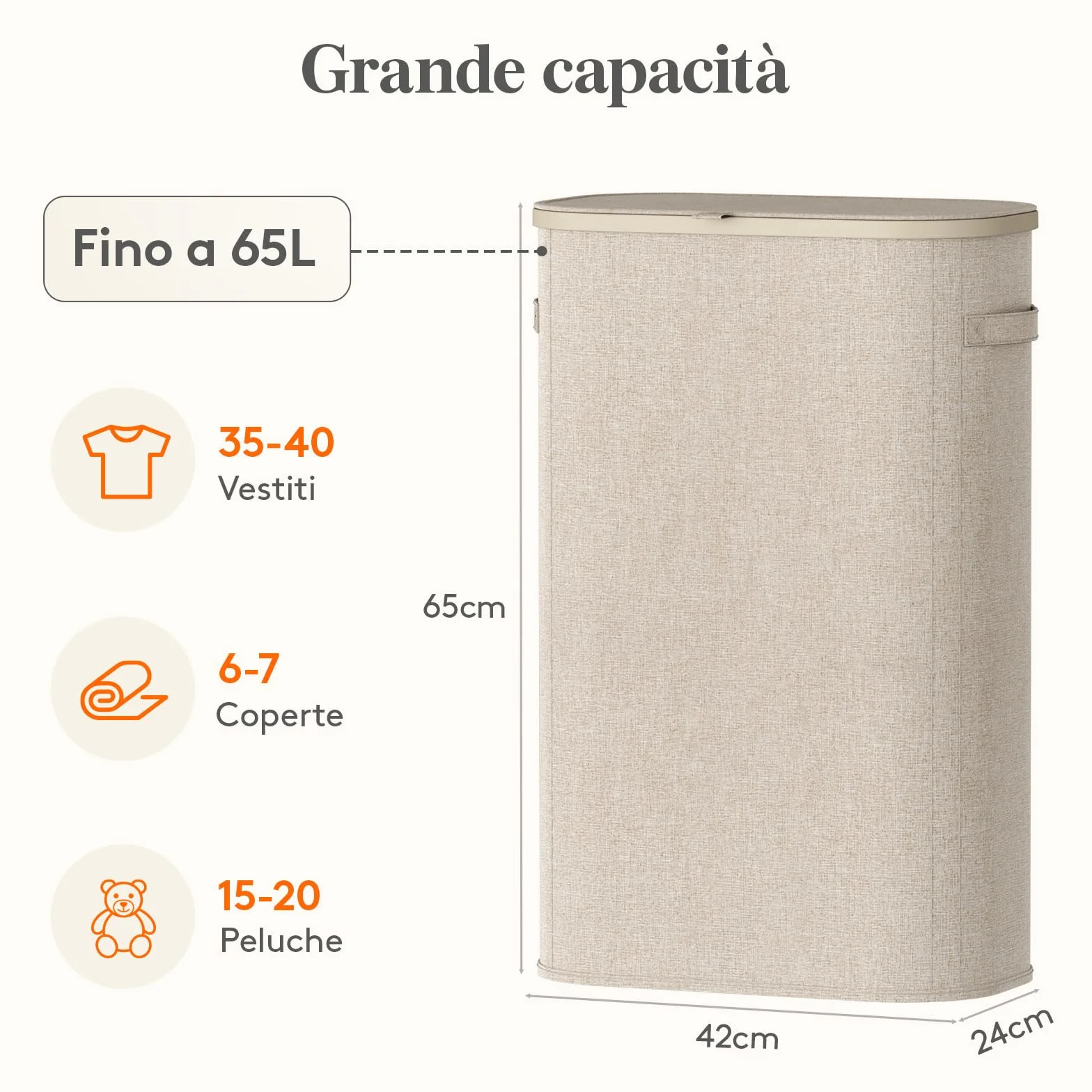 Lifewit Cesto Portabiancheria, Cesta Panni Sporchi con coperchio, Laundry Basket con Plastica Manici, Porta Biancheria Sporca per Bagno, Lavanderia, Camera da Letto, 65 L, Beige