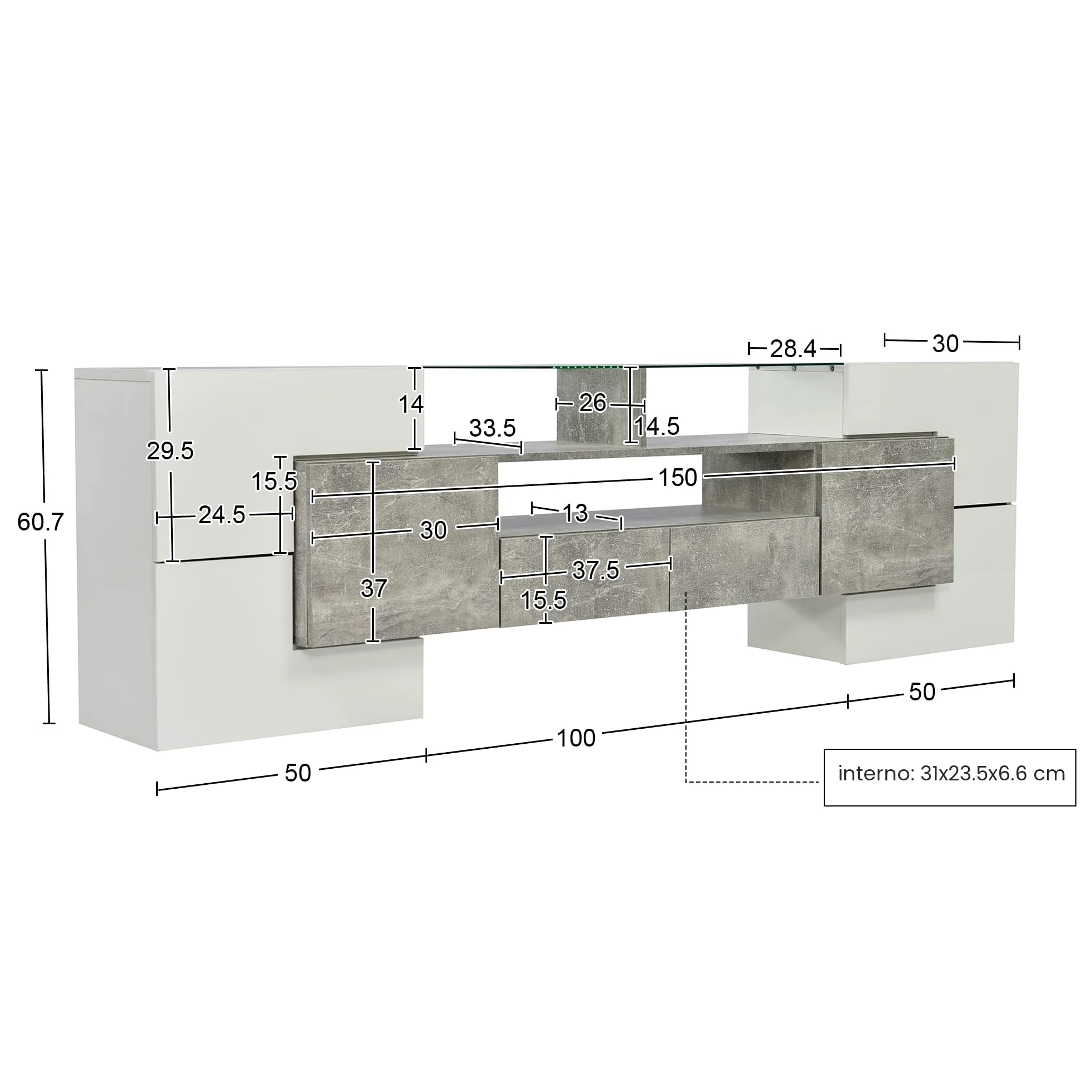 Mobile elegante per TV, Lowboard. 200 cm, illuminazione a LED, mobili per soggiorno. Design moderno. Elegante superficie in vetro. (Bianco lucido e cemento + MDF)