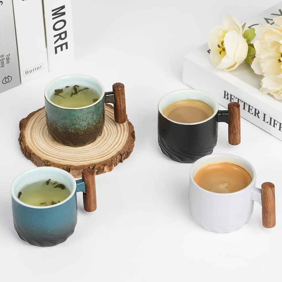 Vicloon Tazze Espresso Ceramica 70ml Set Impilabili con Manico in Legno Blu
