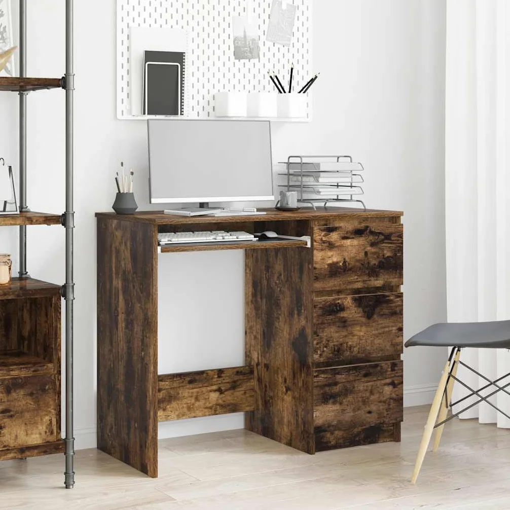 Scrivania in legno di quercia affumicata, 90 x 45 x 76 cm, con 3 cassetti, scrivania da ufficio per computer, scrivania per ufficio, postazione di lavoro, spazio per raccoglitori e documenti