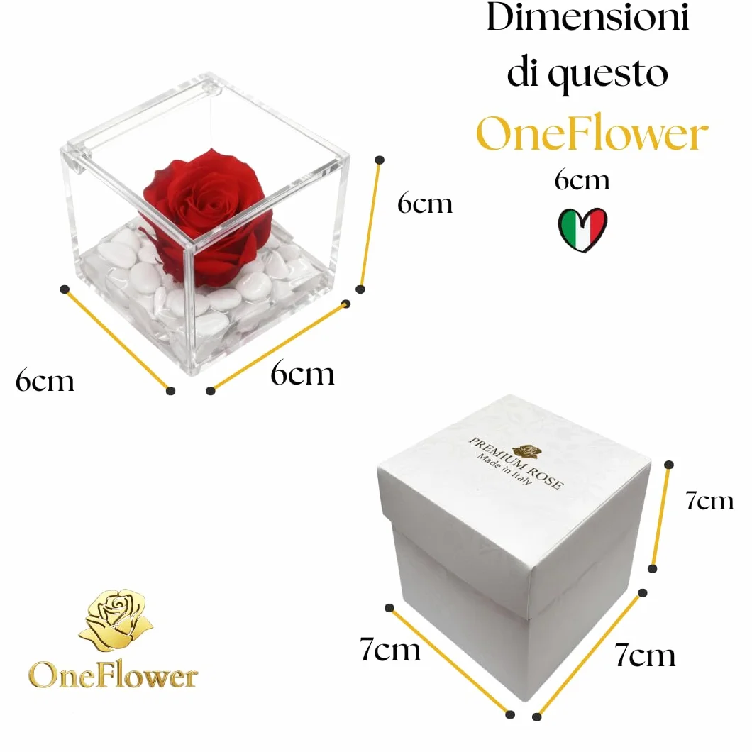 Cubo Rosa Stabilizzata Rossa 6 cm con Marmo di Carrara - Rosa Eterna Idea Regalo San Valentino Festa Mamma Made in Italy