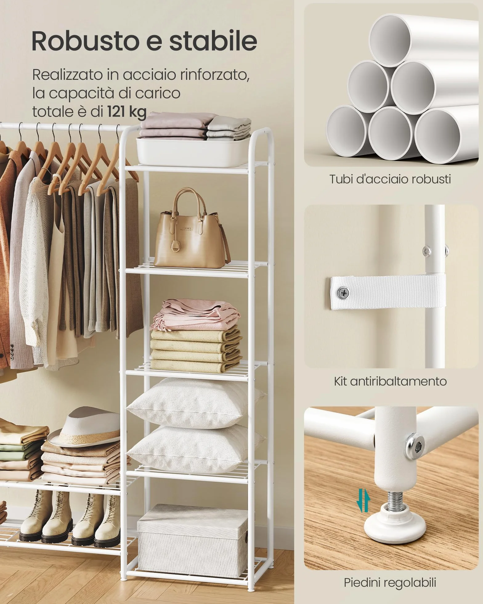 SONGMICS Appendiabiti Armadio Aperto Asta Portabiti Guardaroba in Metallo Bianco Opaco LGR463W01