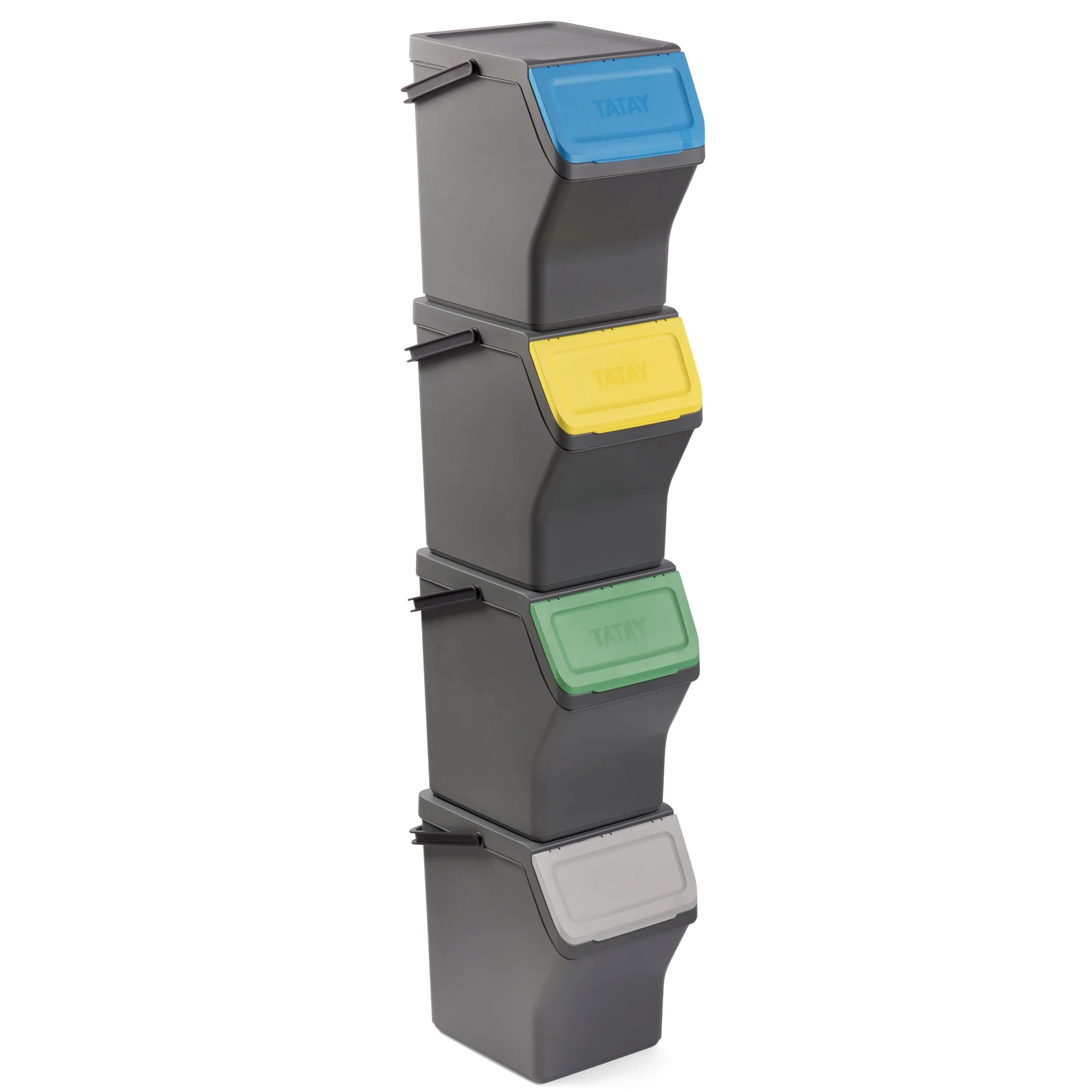 TATAY Contenitori Differenziata Easy Waste 20L | Set da 4 | Design Modulabile e Impilabile | Coperchio con Sistema Click | Manico Integrato per il Trasporto | Materiale Riciclato | 35x27x36cm, Grigio