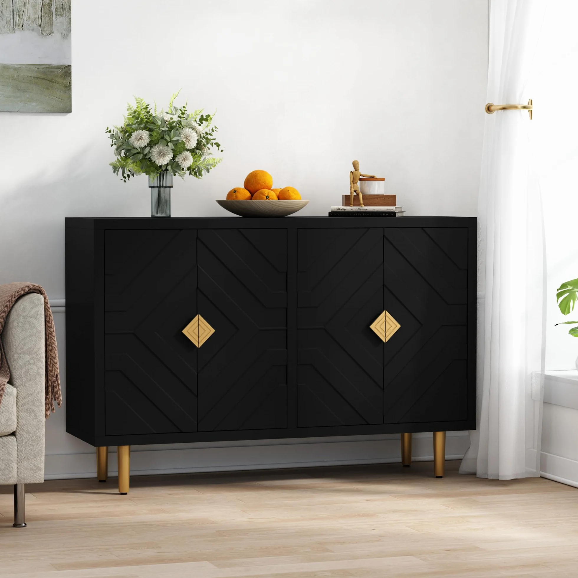 HOLTICO Credenza Moderna con 4 Ante, Armadietto con Design a Rilievo Geometrico, Mobile Multifunzione per Soggiorno, Cucina e Camera da Letto, 4 Colorazioni Esclusive, Nero Scuro