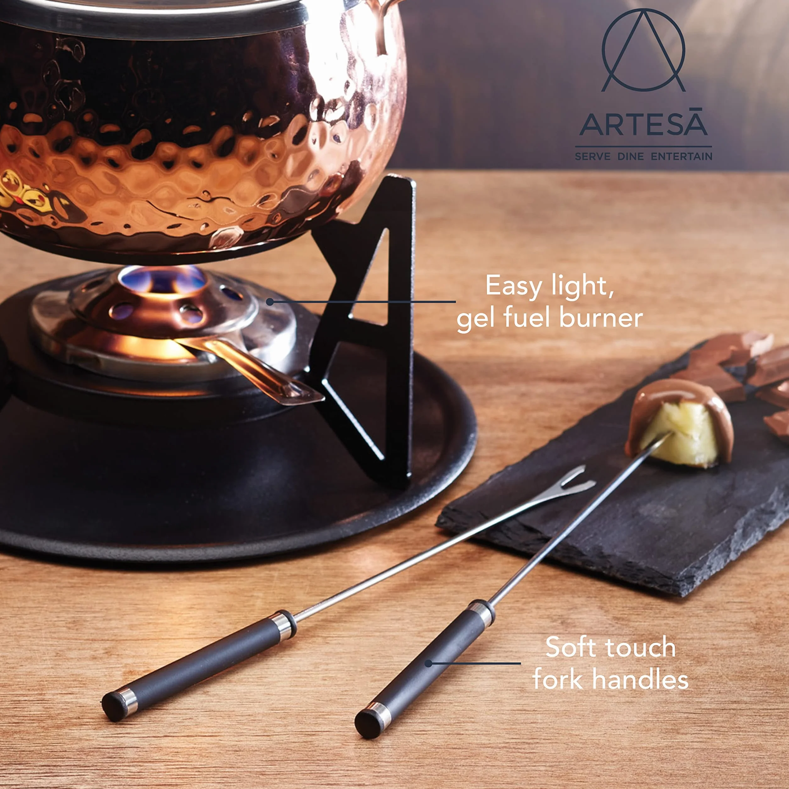 Artesà Set Fonduta Acciaio Inox Ciotola Ceramica Supporto Metallo Bruciatore Doppio Combustibile Cioccolato Formaggio Carne