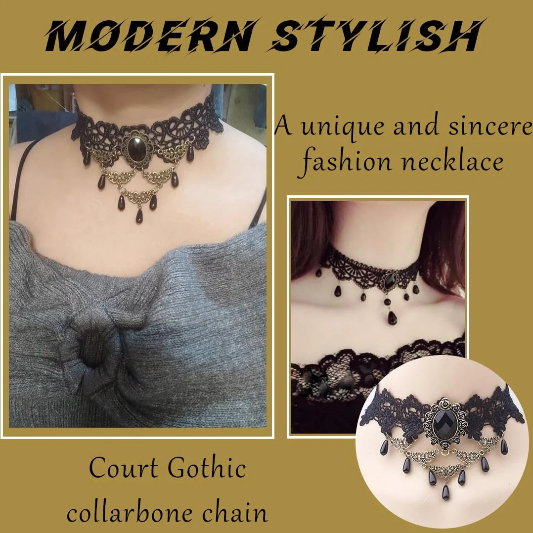 Collana Girocollo Gotica in Pizzo Set da 2 Pezzi Nero con Strass Ciondolo a Goccia
