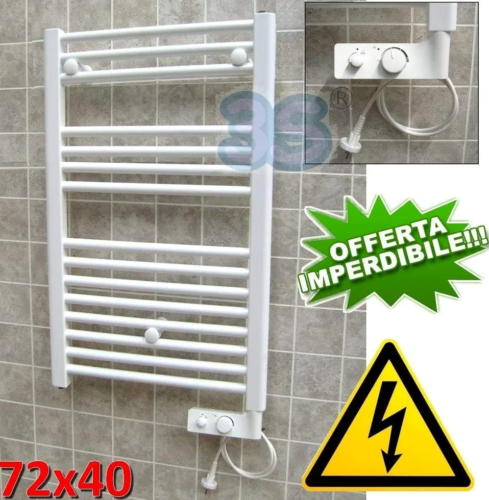Cortina Scaldasalviette Elettrico, Termoarredo Bagno a 13 Barre con Termostato Analogico, Kit Fissaggio e Liquido Termoconvettore Precaricato, Bianco, 300W, 72 x 40 Centimetri