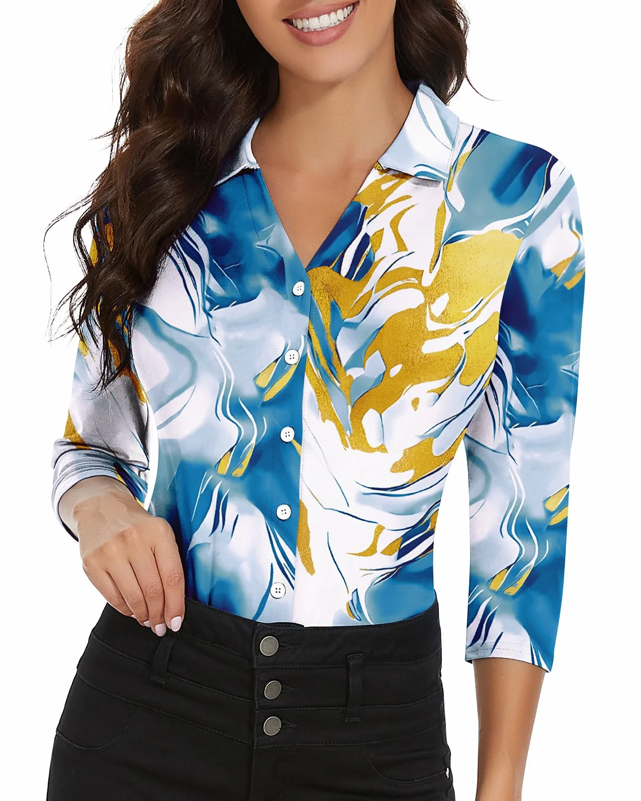 Soneven Camicia Donna Estiva Elegante, a 3/4 Maniche Lunghe Camicetta con Scollo a V Polo da Golf da Lavoro con Bottoni