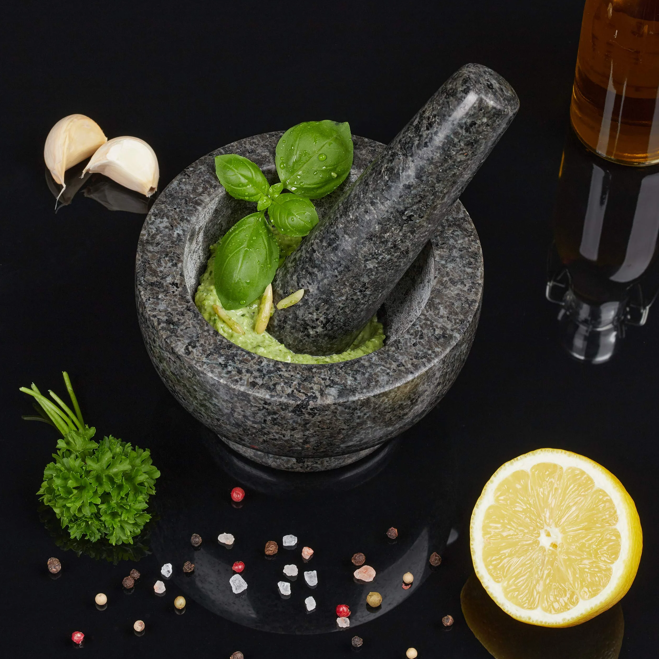 Relaxdays Mortaio e Pestello, in Granito Massiccio, Resistente, Basilico, Pesto, Superficie Ruvida, Ø13, 250 ml, Grigio