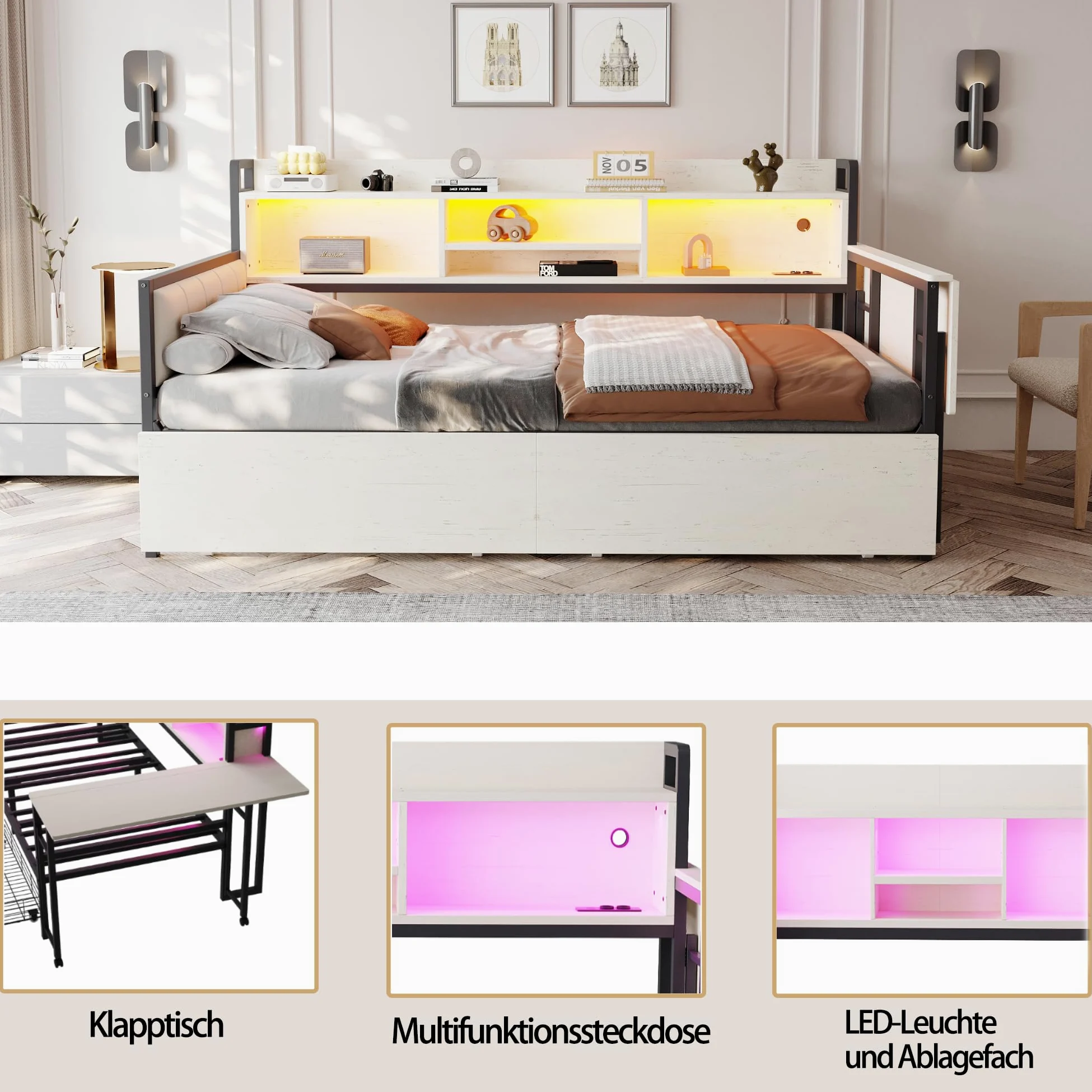 Lcoho Divano letto in ferro 90 x 200 cm, con illuminazione a LED e spazio di archiviazione, con cassetti e presa multifunzionale, scrivania pieghevole, schienale morbido, letto singolo (bianco)
