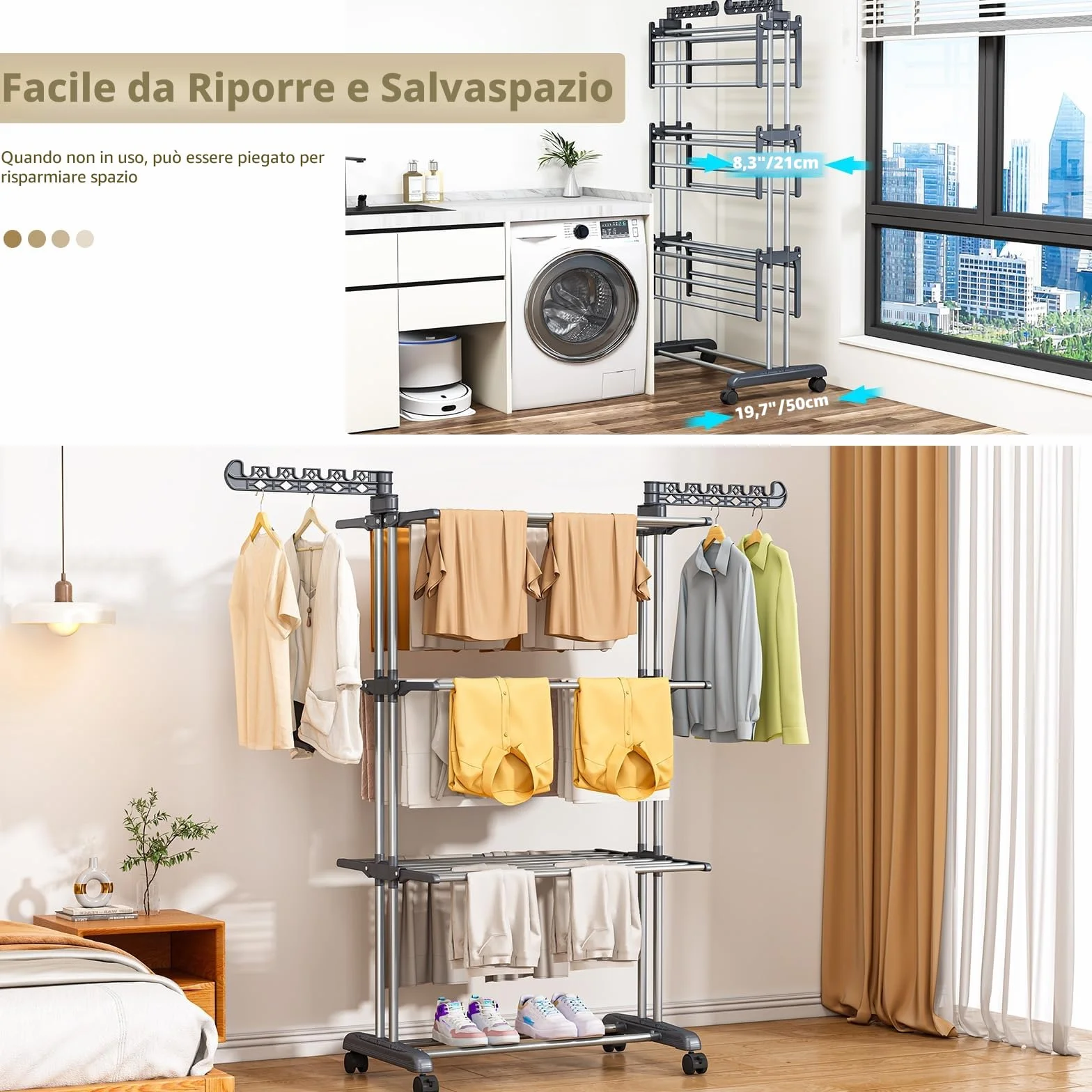 PurKeep Stendino a 4 Ripiani in Acciaio Inox con Ruote, Pieghevole a Torre, Salvaspazio Grigionero