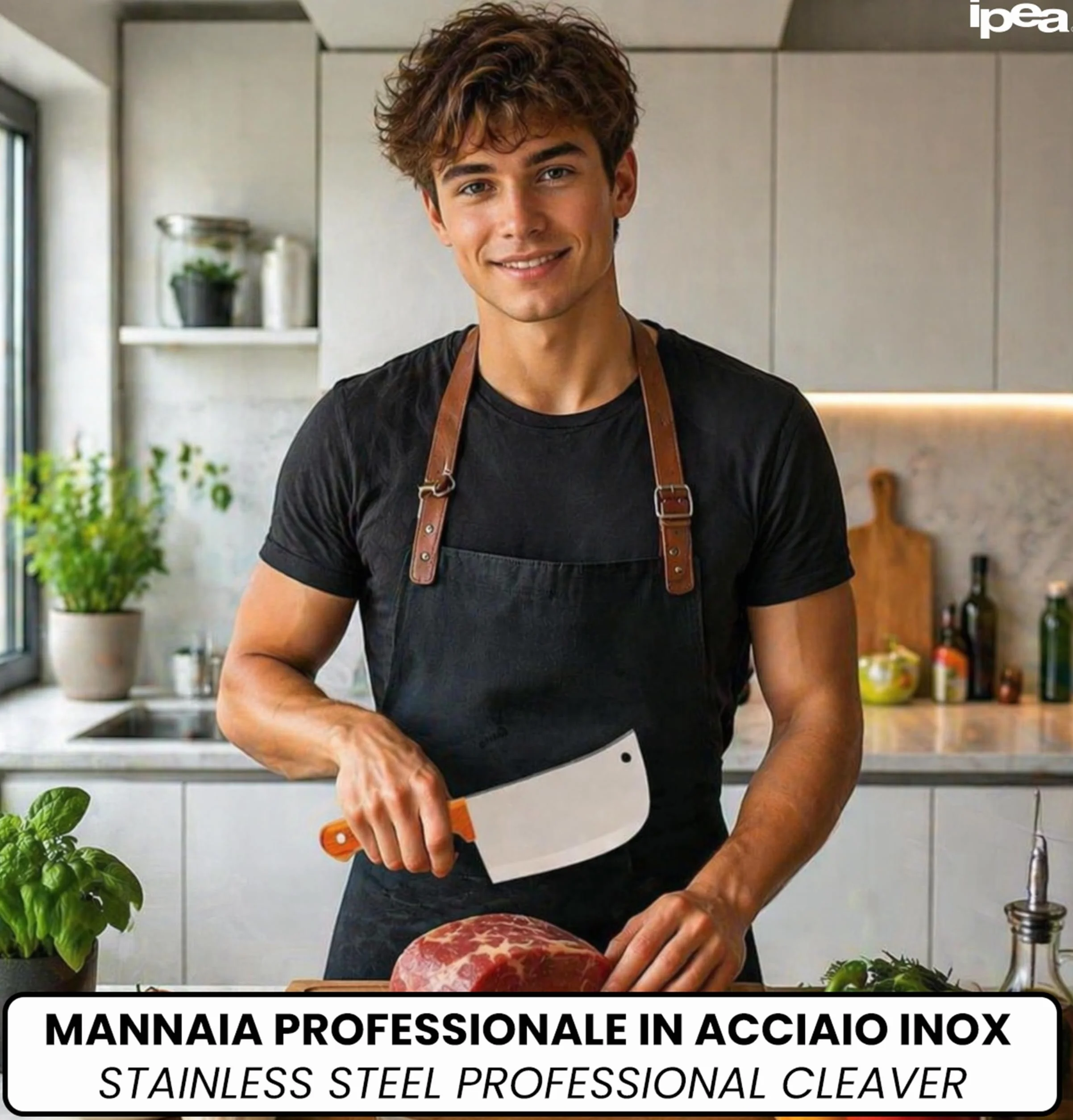IPEA Mannaia da Cucina 29 cm - Coltello da Chef Professionale con Lama Affilata in Acciaio Inox per Tagliare Carne ed Alimenti - Impugnatura Ergonomica in Legno per Cuoco o Macellaio