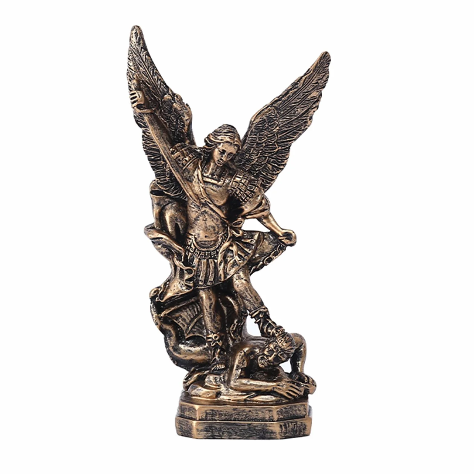 Statua di San Michele in resina angelo in bronzo con spada e diavolo scultura cristiana altare casa