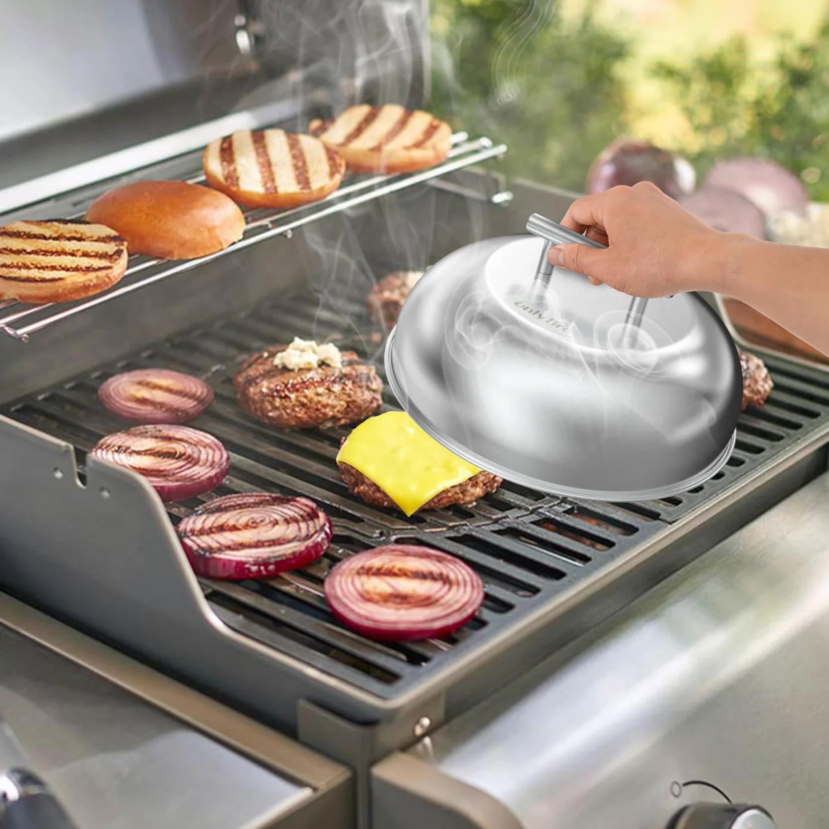Onlyfire 2 Pezzi Coperchio per Hamburger, Copertura per Barbecue in Acciaio Inox per Griglia e Campeggio All'aperto, Cupola per La Fusione del Formaggio, 23×23×7 cm