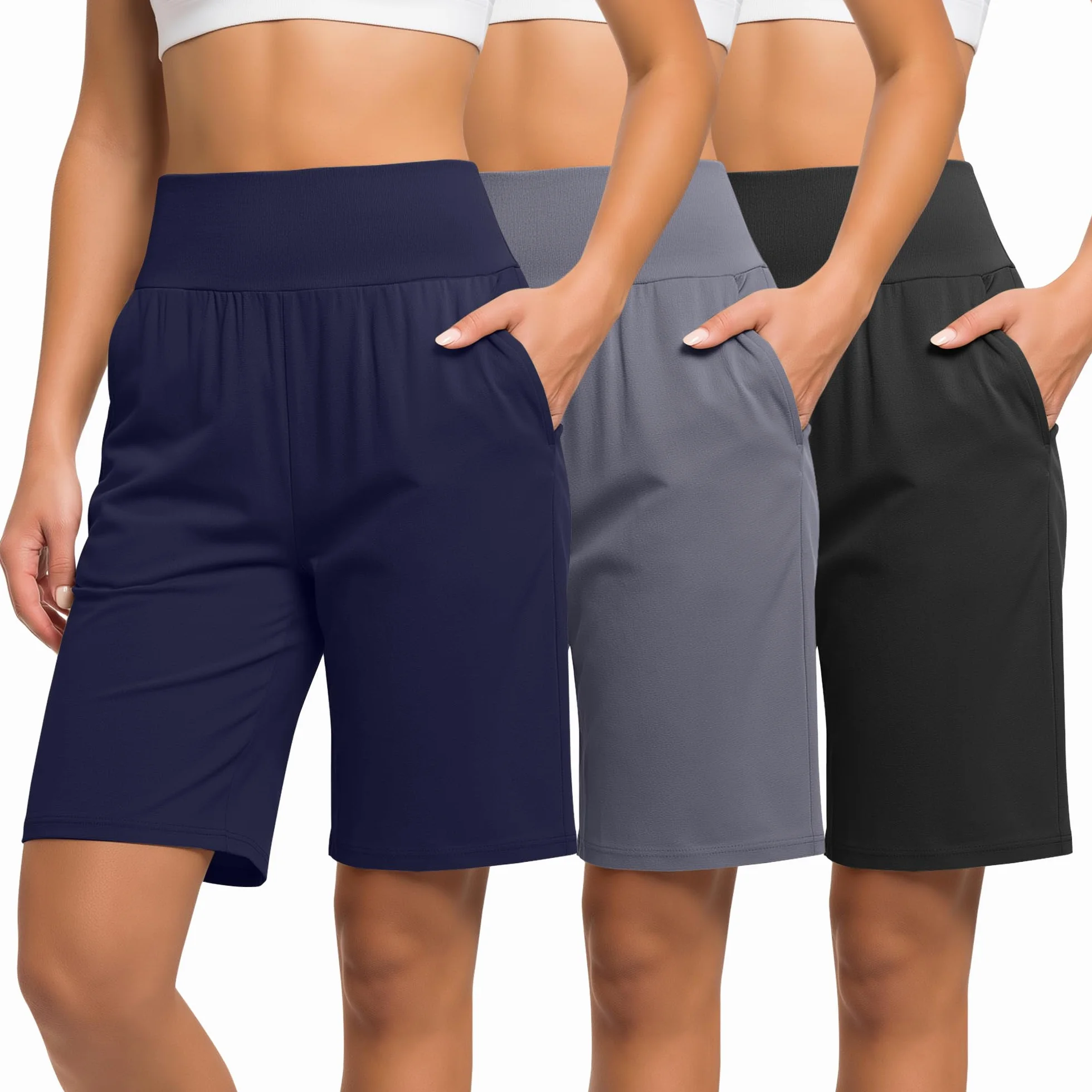Neer Confezione da 3 Bermuda da Donna a Vita Alta, Elasticizzati Casual, Lunghezza al Ginocchio Estivi Atletici con Tasche